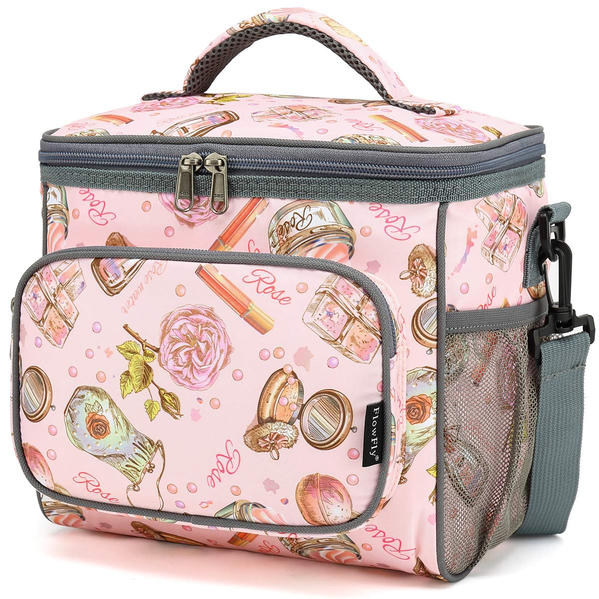 FlowFly Insulated Reusable Lunch Bag Adult Large Lunch Box for Women and Men with Adjustable Shoulder Strap,Front Zipper Pocket and Dual Large Mesh Side Pockets,Rose