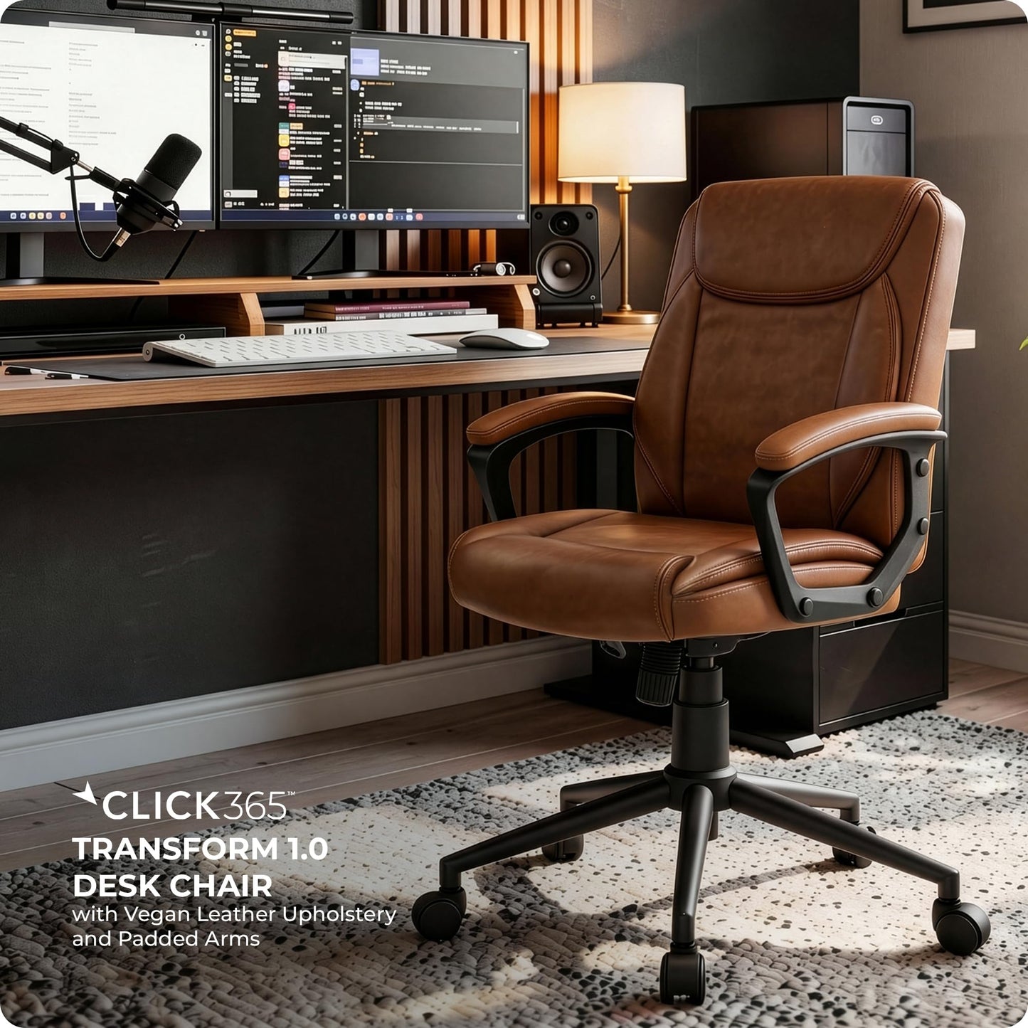 Click365 Transform 1.0 Ergonomic Office Chair, Mid Back Desk Chair with Padded Arms, Lumbar Support, Adjustable Height, Tilt Recline, Swivel Computer Chair, Bonded Leather, Cognac
