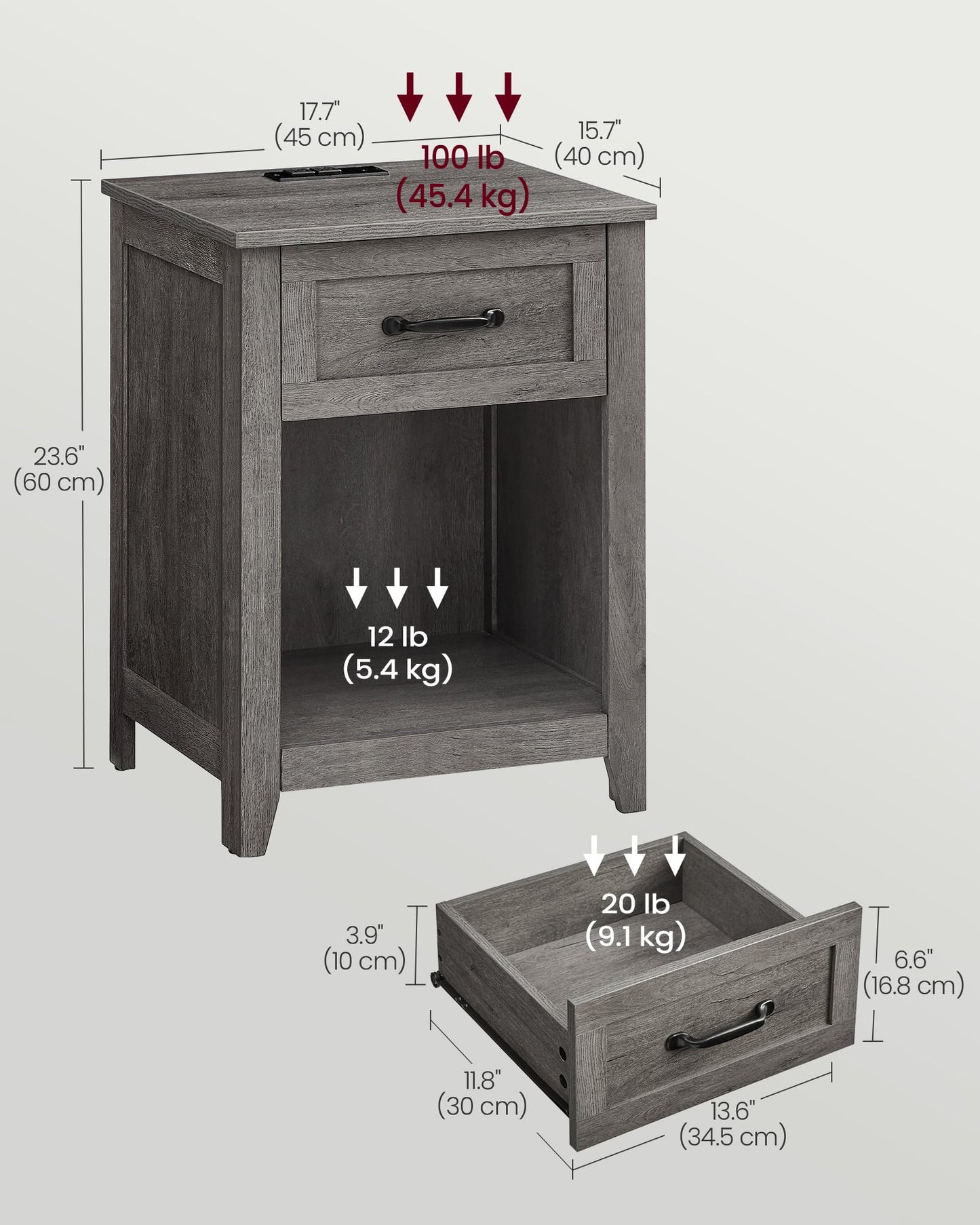 VASAGLE LIRY Collection - Farmhouse Nightstands with Charging Station, Set of 2 Bedside Tables, Side Tables with Drawer, Open Compartment, for Bedroom, Misty Gray ULET859G01
