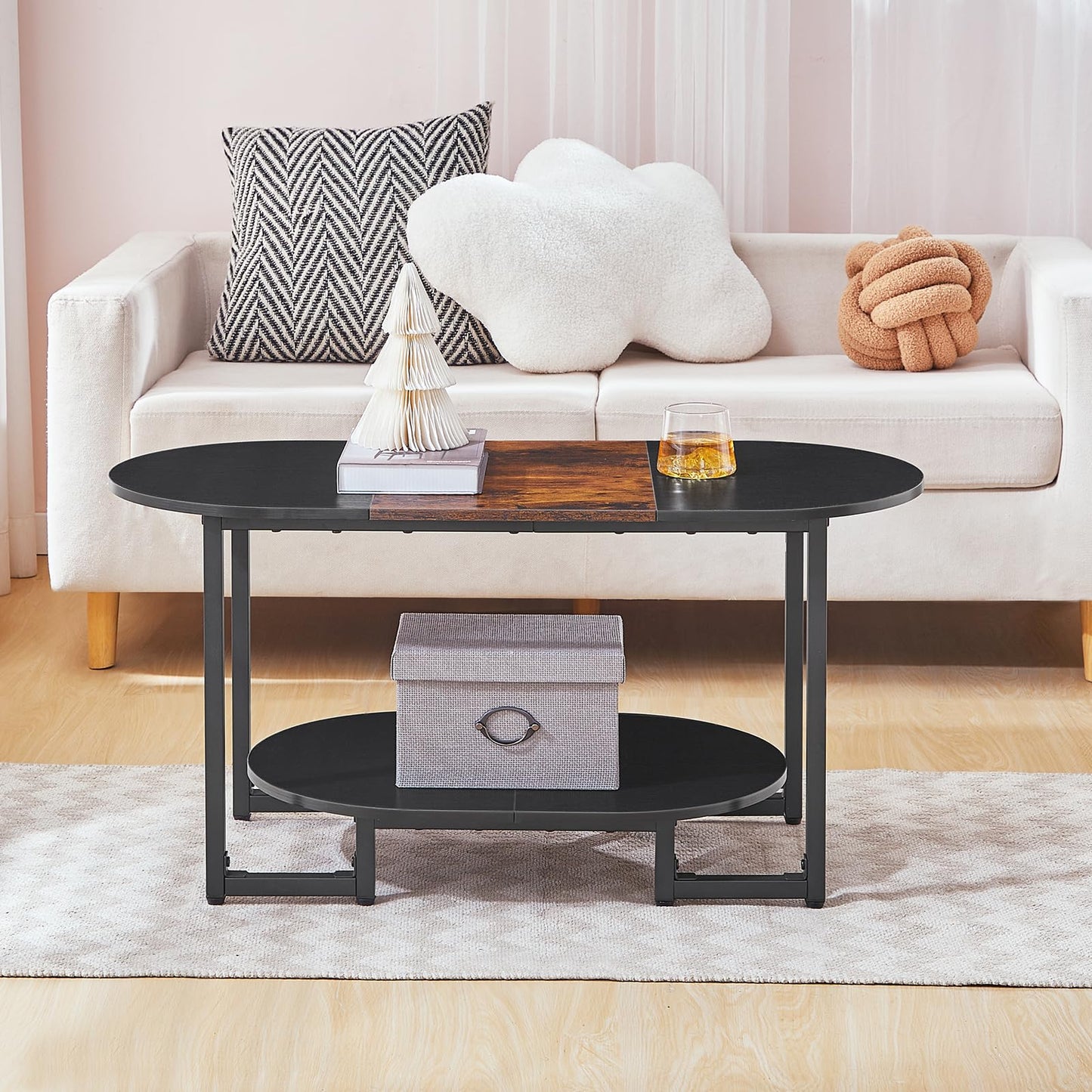 HOOBRO Coffee Table for Living Room, Oval Small Coffee Table with 2-Tier Open Storage Shelf, Industrial Cocktail Tea Table, Wooden Desktop Center Table, Home Office, Rustic Brown and Black BFK09KF01