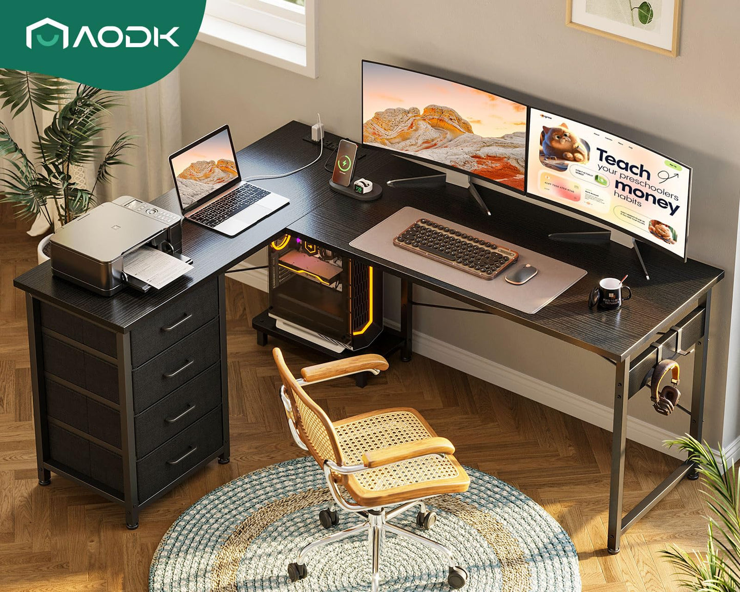AODK L Shaped Gaming Desk with 4 Drawers, 53" Reversible Home Office Desks with Power Outlets, L Shaped Computer Desk with USB Charging Port and Host Stand, Corner Desk, Easy to Assemble, Black
