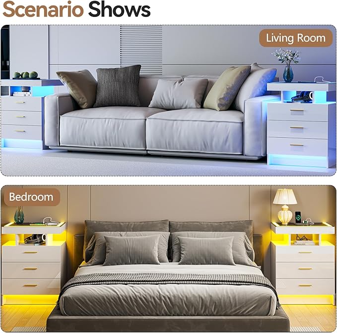 White Night Stand with Wireless Charging Station, Smart Bedside Table with 3