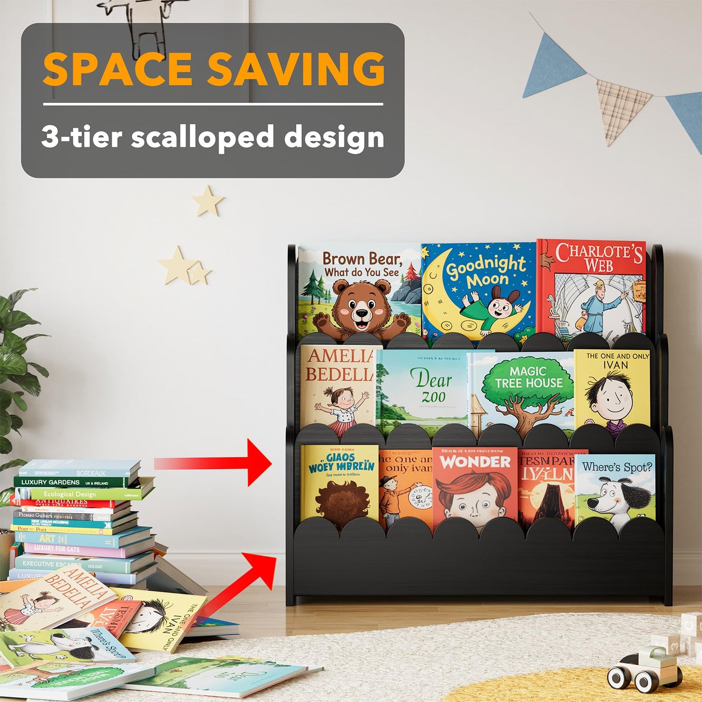 SpaceAid 3-Tier Scalloped Bookshelf, Montessori Bookcase for Toddlers, Wooden Book Shelf Organizer Display Furniture for Kids Rooms, Playroom, Nursery and Classroom, Black