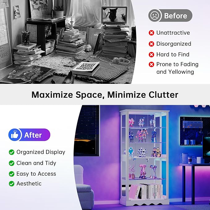 Dystler Display Cabinet with Glass Doors, LED Display Case with Removable Shelf