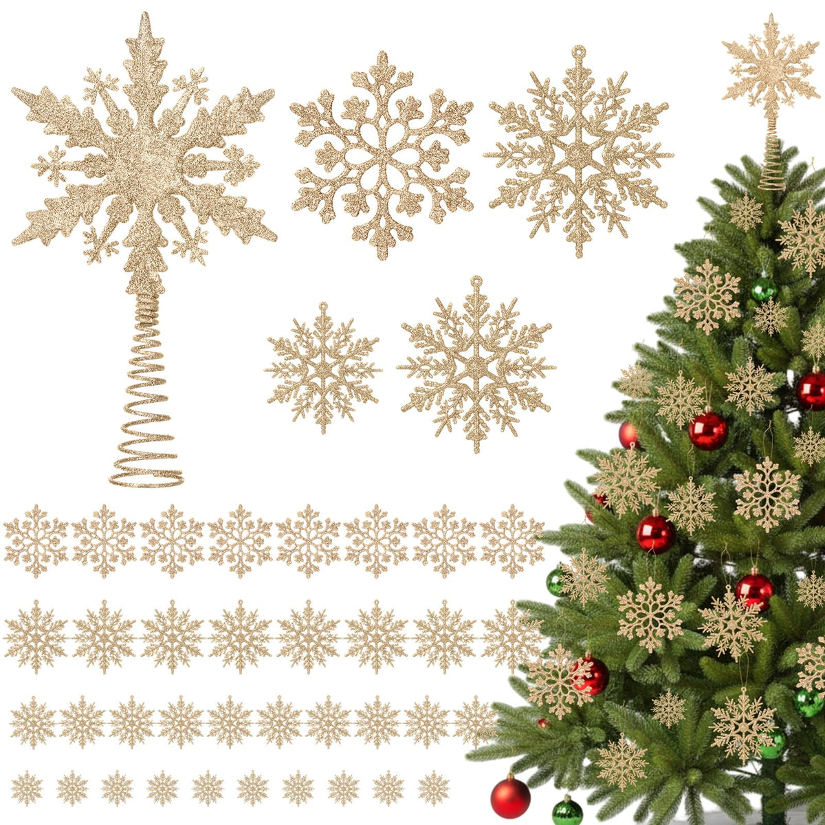 Teenyyou 36 Pcs Snowflake Christmas Tree Decoration 1 Pcs Glitter Star Tree Topper Snowflake Hanging Ornaments for Craft Christmas Trees DIY Indoor Ceiling Winter Party Decoration(Champagne)