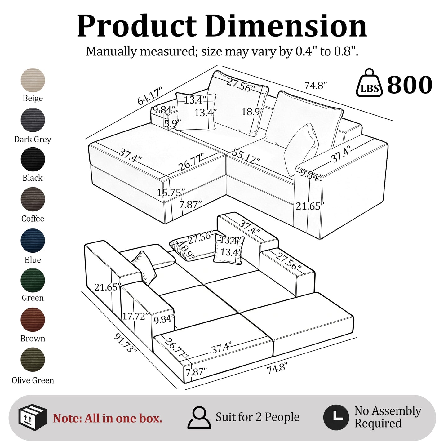 75'' L-Shaped Cloud Modular Sectional Couch with Chaise, Modern Corduroy Memory Foam Sofa Bed, Upholstered Boneless Deep Seat Fluffy Sleeper Sofa, for Living Room, No Assembly Needed (Black)