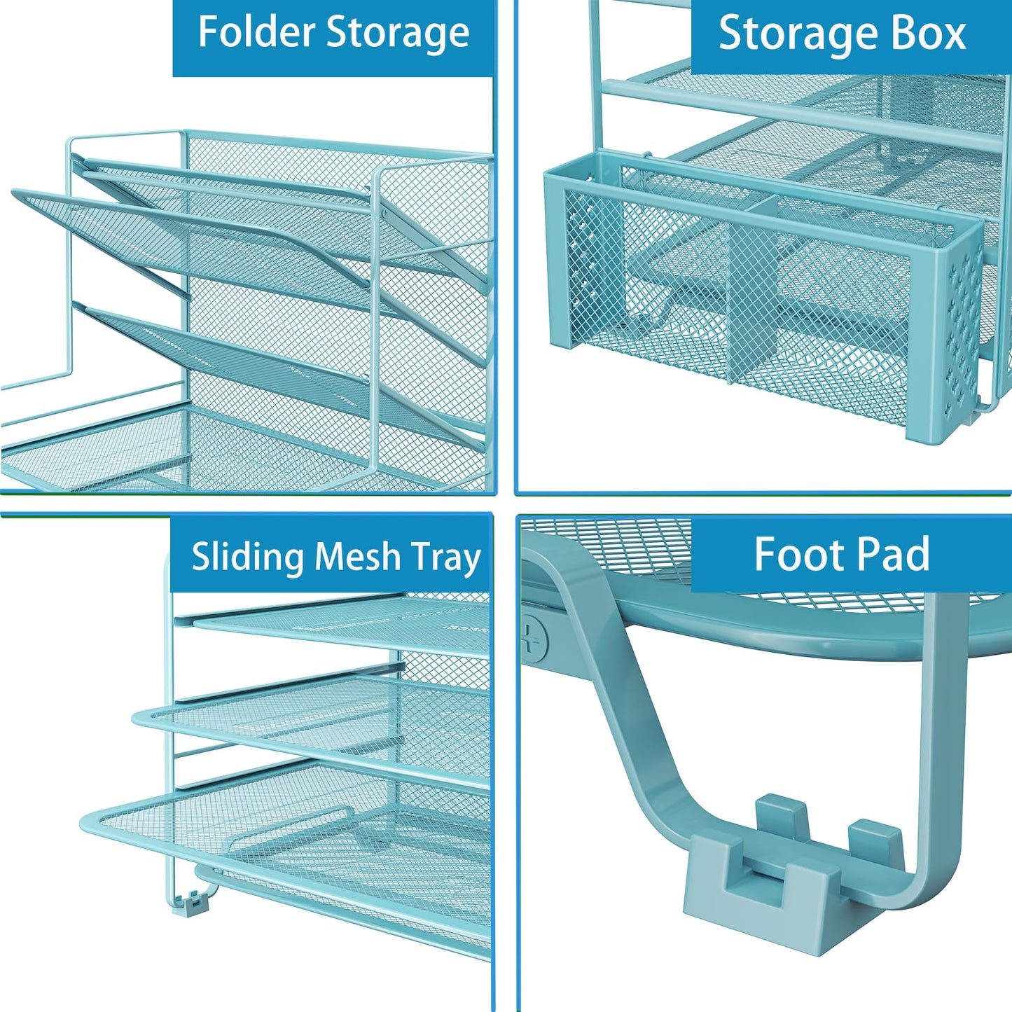Simple Trending 7 Tier Desk File Organizer, Letter Tray Paper Organizer with Pen Holder and Metal Hanging Basket, Blue
