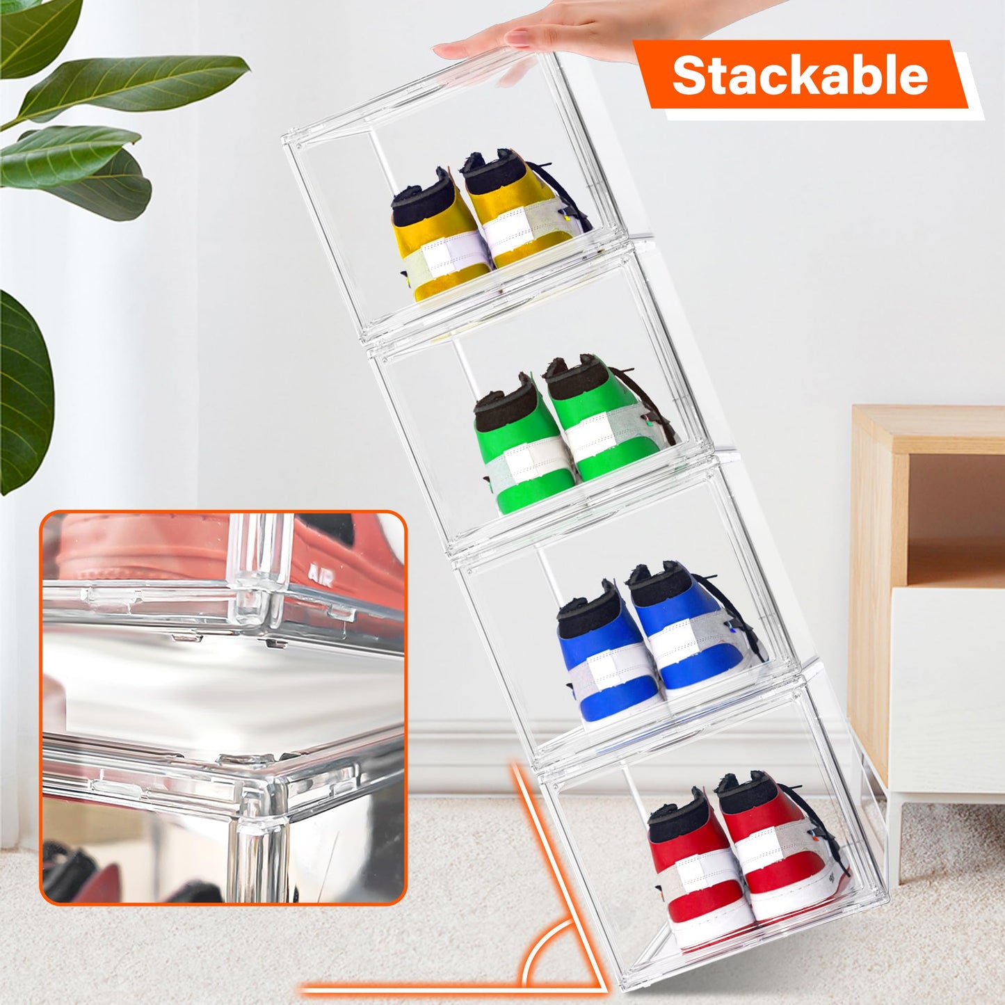 12 Pack Drop Front Shoe Boxes Acrylic Shoe Display Case Fit US Size 13, Clear Stackable Hat Sneaker Shoe Organizer for Closet, Entryway, Underbed, Multiple Display Cases for Hats, Figures, Sneakers