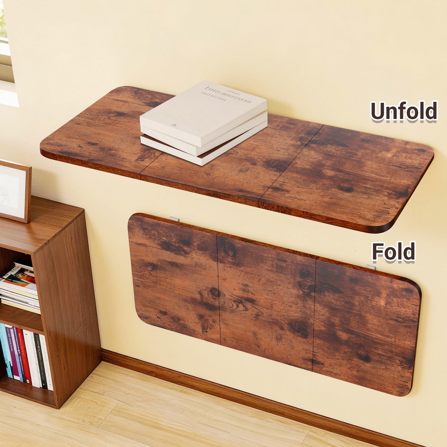 Neoaider Wall Mounted Folding Desk 35.4” x 15.7”, Drop Down Table with Metal Collapsible Brackets, Folding Wall Table for Small Spaces, Home, Office, Kitchen, Laundry Room-Brown