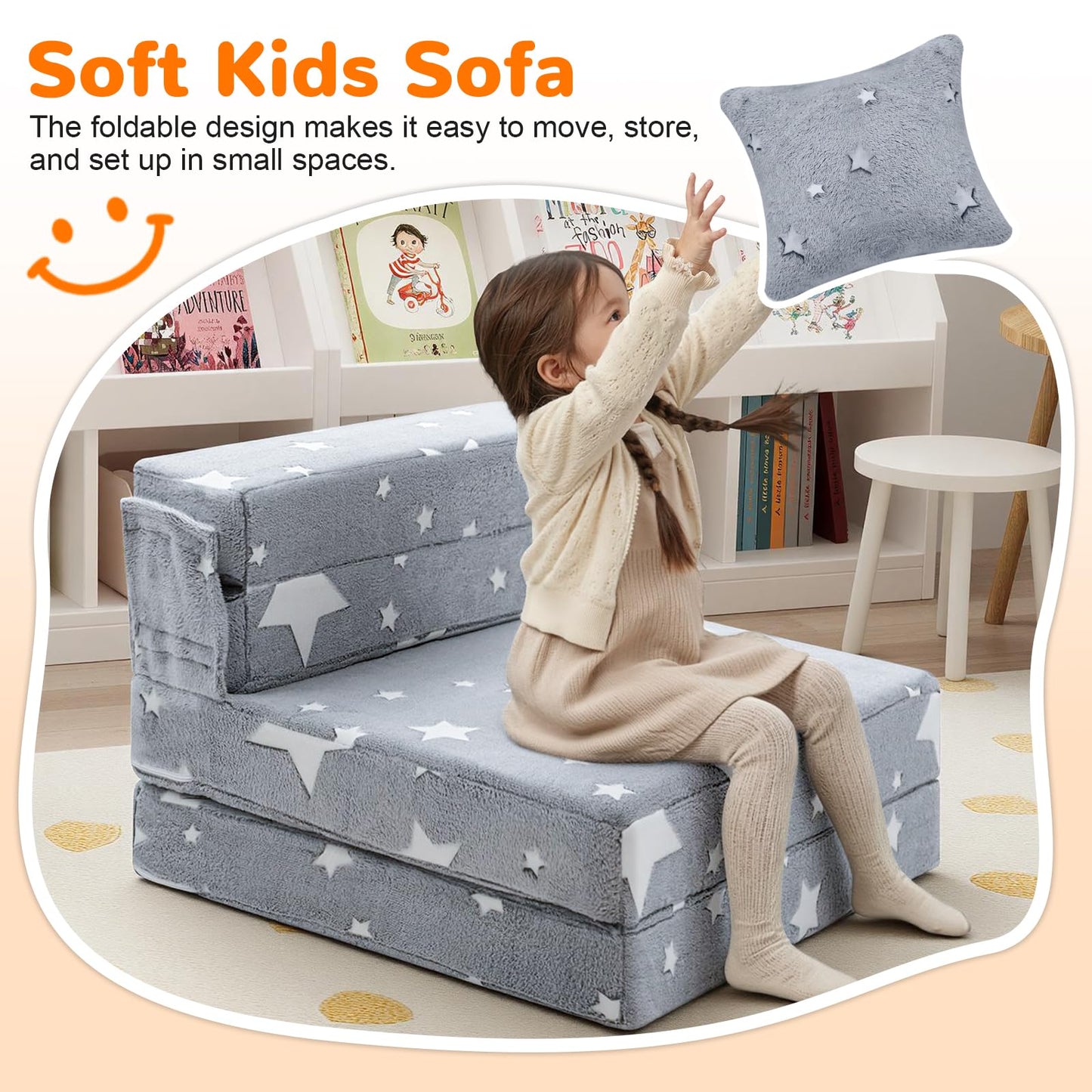 MeMoreCool Kids Tri-Fold Sofa Bed – Glow Star Floor Mattress & Foldable Futon Chair Convertible Toddler Couch | Soft Plush Lounge Mat | Playroom Furniture | Includes Pillow