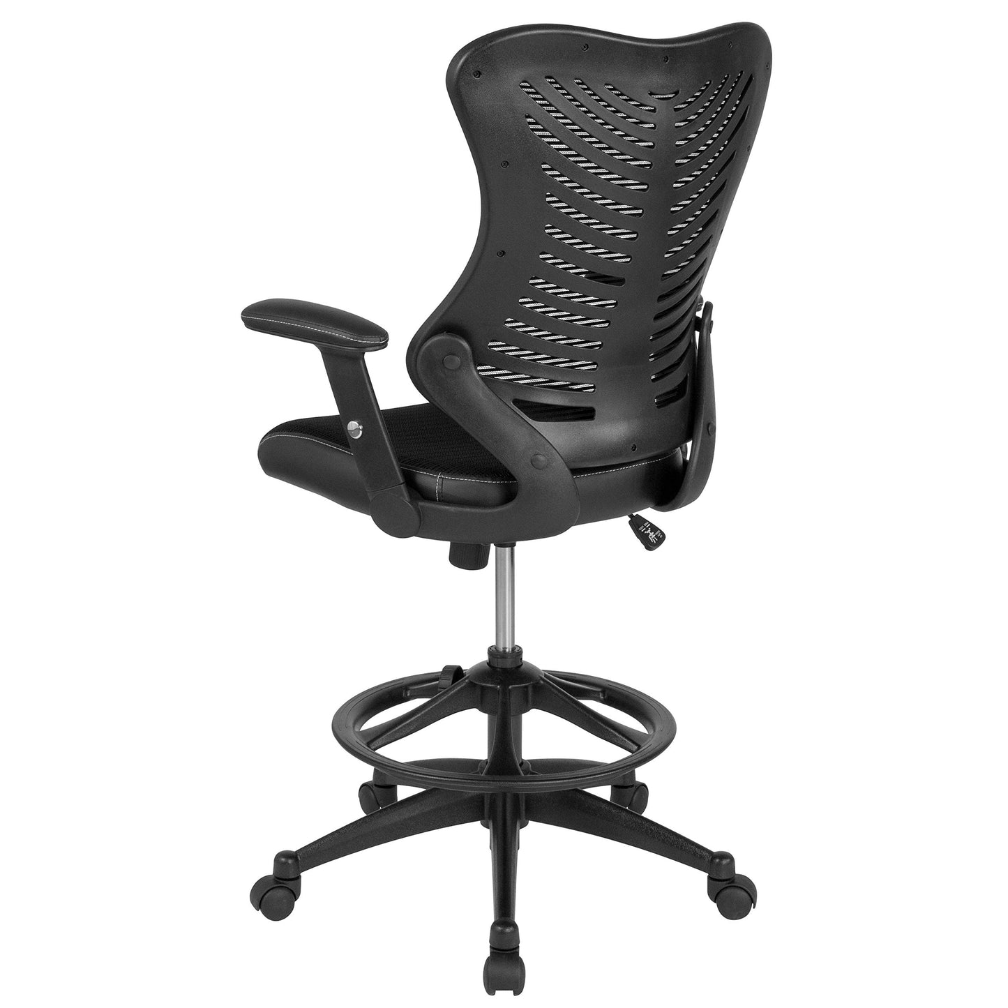 Flash Furniture Waylon High Back Designer Black Mesh Drafting Chair with LeatherSoft Sides and Adjustable Arms