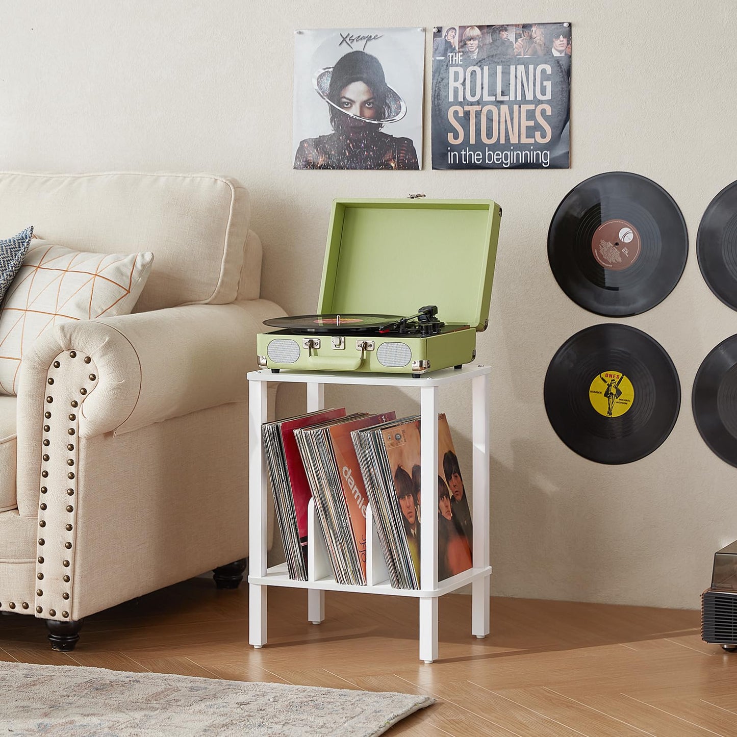 LELELINKY 2-Tier Record Player Stand with Vinyl Record Storage up to 100 Albums, Bedroom Record Holder and Multi-Functional End Table for Living Room, White