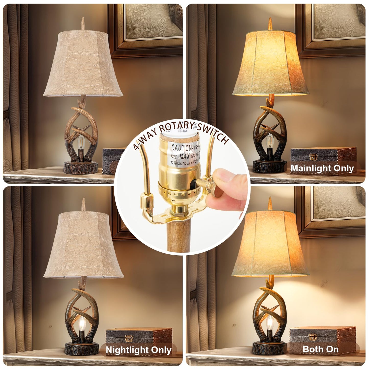Scenekoy Rustic Farmhouse Antlers Bedside Table Lamp Set of 2 with Nightlight Dual USB Ports Leather Soft Bell Shade Brown Finish nightstand Lamp Decor for Living Room Bedroom Office House Hotel