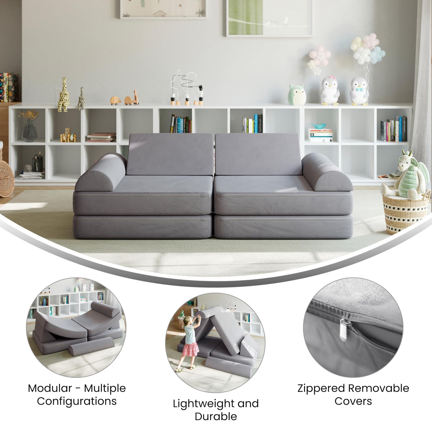 Flash Furniture Marlowe Modular Foam Kids Play Couch, 6 Soft Sectional Sofa Pieces, Convertible Kids Couch, Removable Covers, 56", Gray