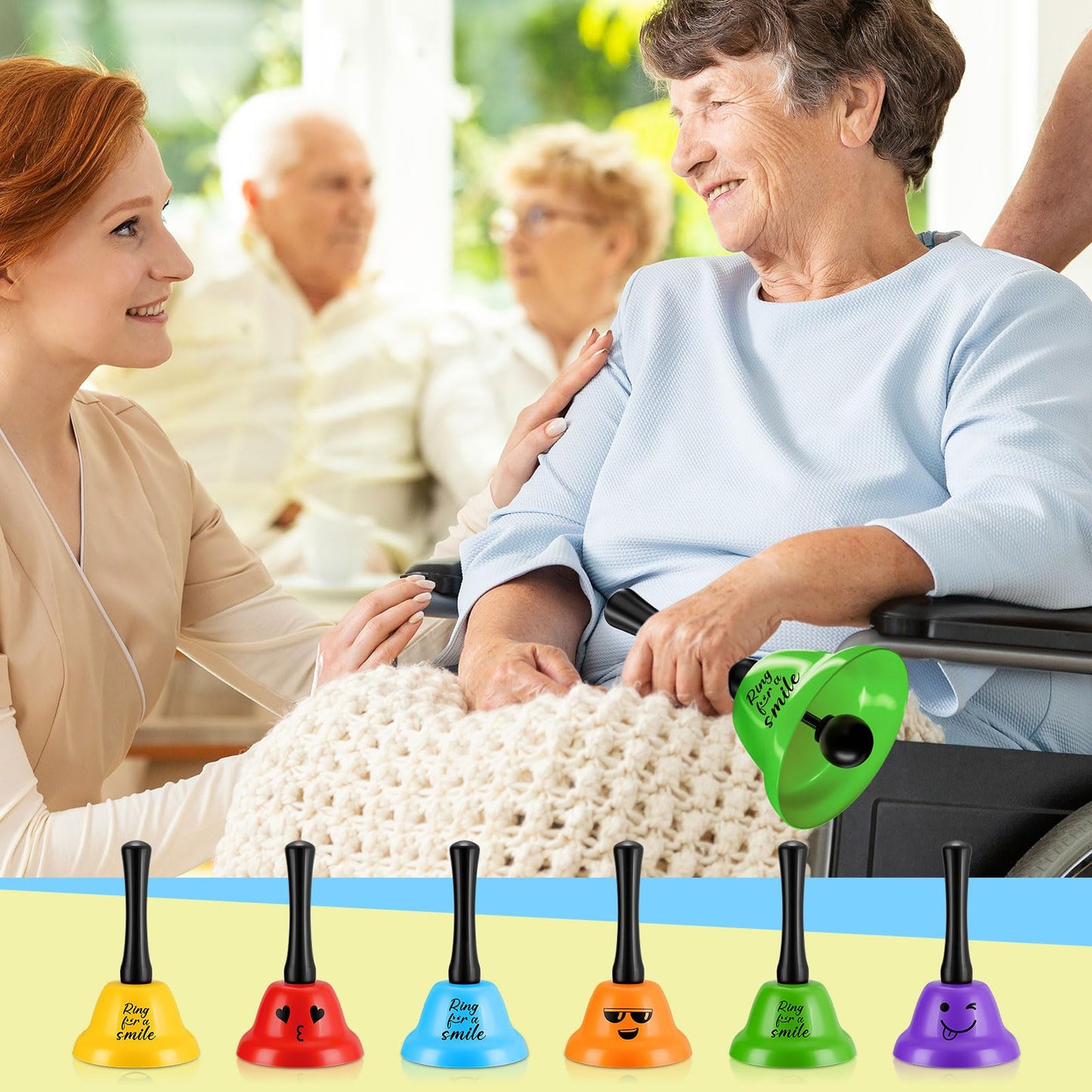 MorningRo 6 Pcs Call Bell Ring Service Hand Bell Smile Ringing for Desk Classroom Hotel Counter Reception Restaurant Food Line, Wedding Events(6 Color)