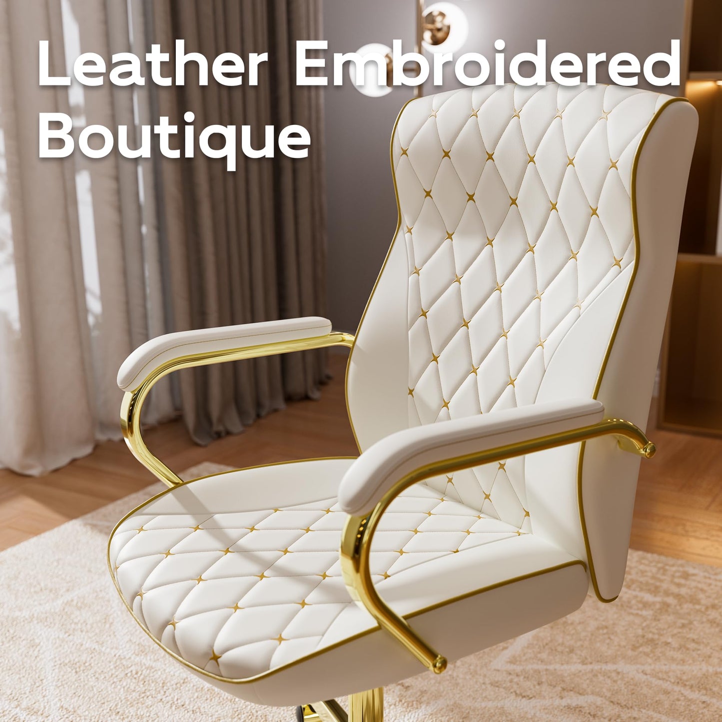 HomeZeer White and Gold Office Chair with Soft Leather Embroidery, Mid Back Vintage Swivel Executive Desk Chair with Wheels and Padded Arms, Adjustable Height
