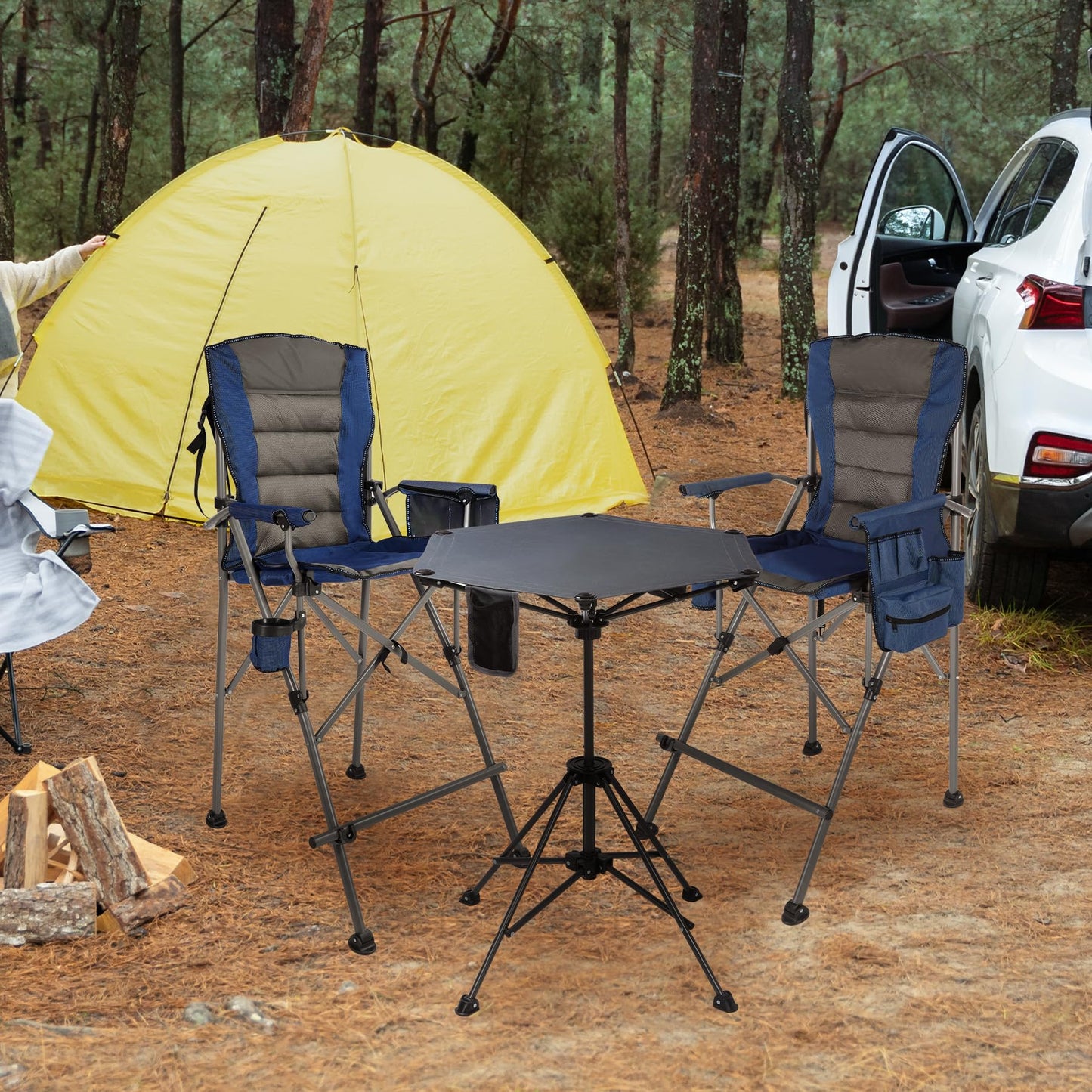Stonehomy Extra Tall Folding Chairs 2 Pack & Adjustable Height Folding Table Set, Portable Outdoor Bar Table & Foldable Director Chairs with High Back and Storage Bag for Backyard,Beach,Travel