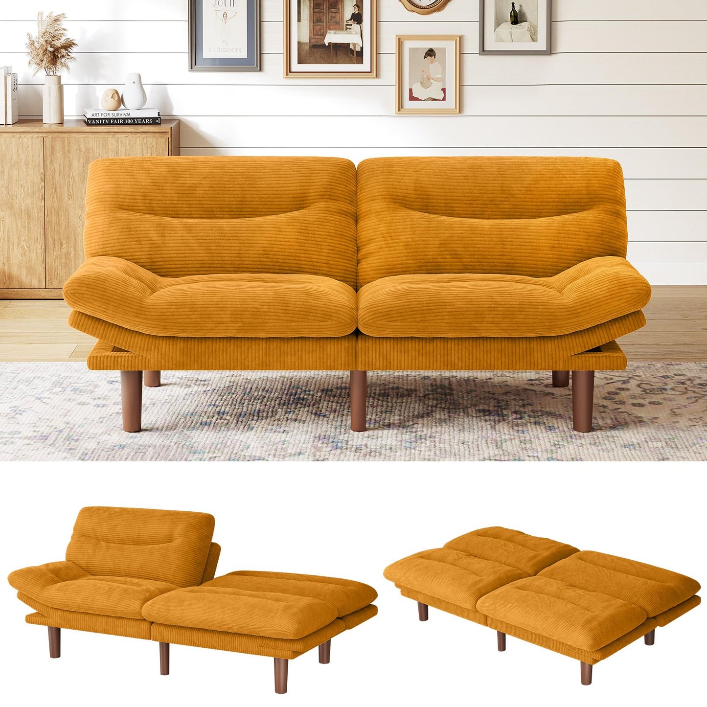 Marsail 66" Futon Sofa Bed, Convertible Corduroy Futon Couch with Adjustable Backrest & Armrests, Small Sleeper Sofa Loveseat for Living Room, Apartment, Office, Yellow