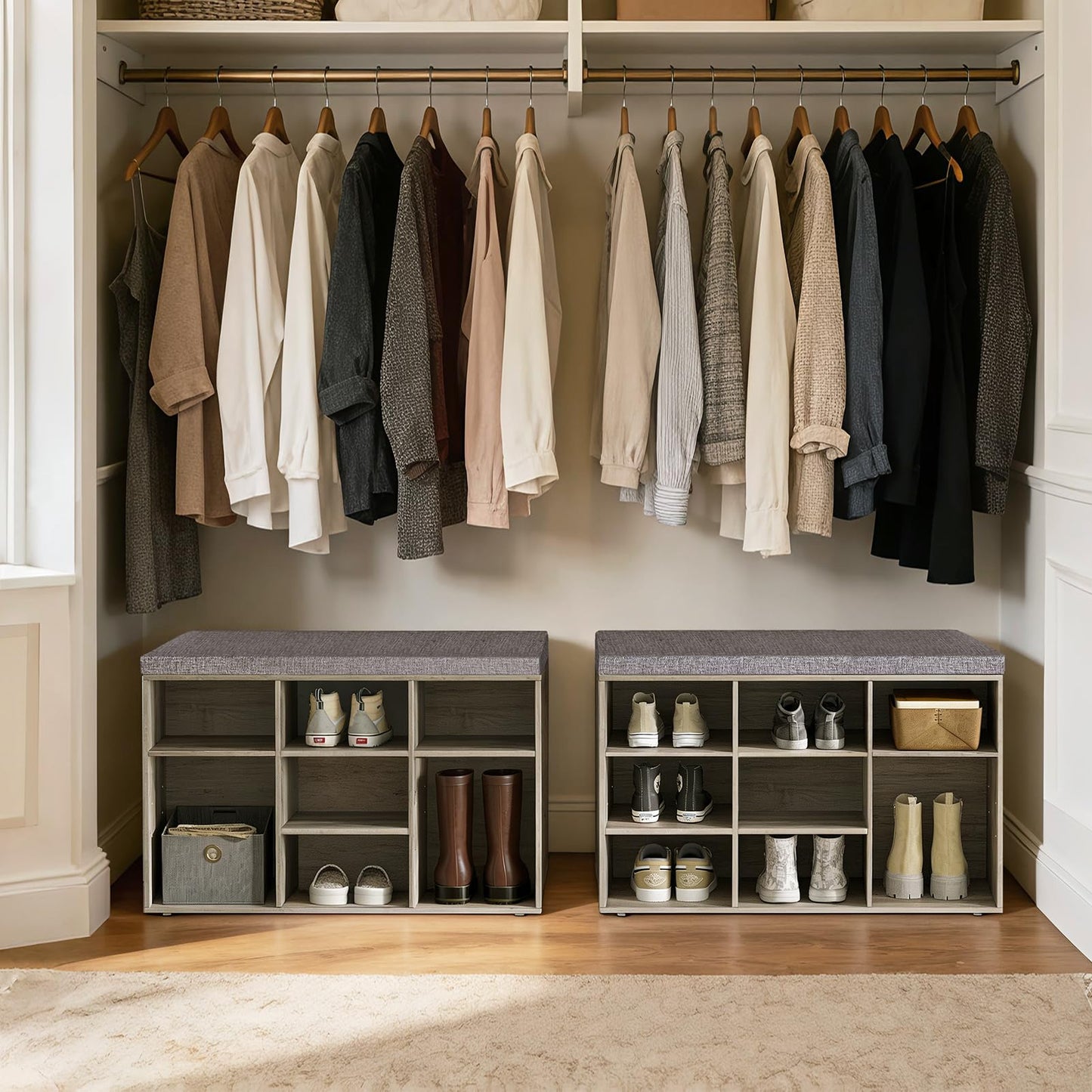 DINZI LVJ Shoe Bench, 9 Cubbies Shoe Organizer for Entryway, Storage Bench with Cushion, Cubby Shoe Rack with Adjustable Shelves for Living Room, Bedroom, Mudroom, Hallway, Gray Wash