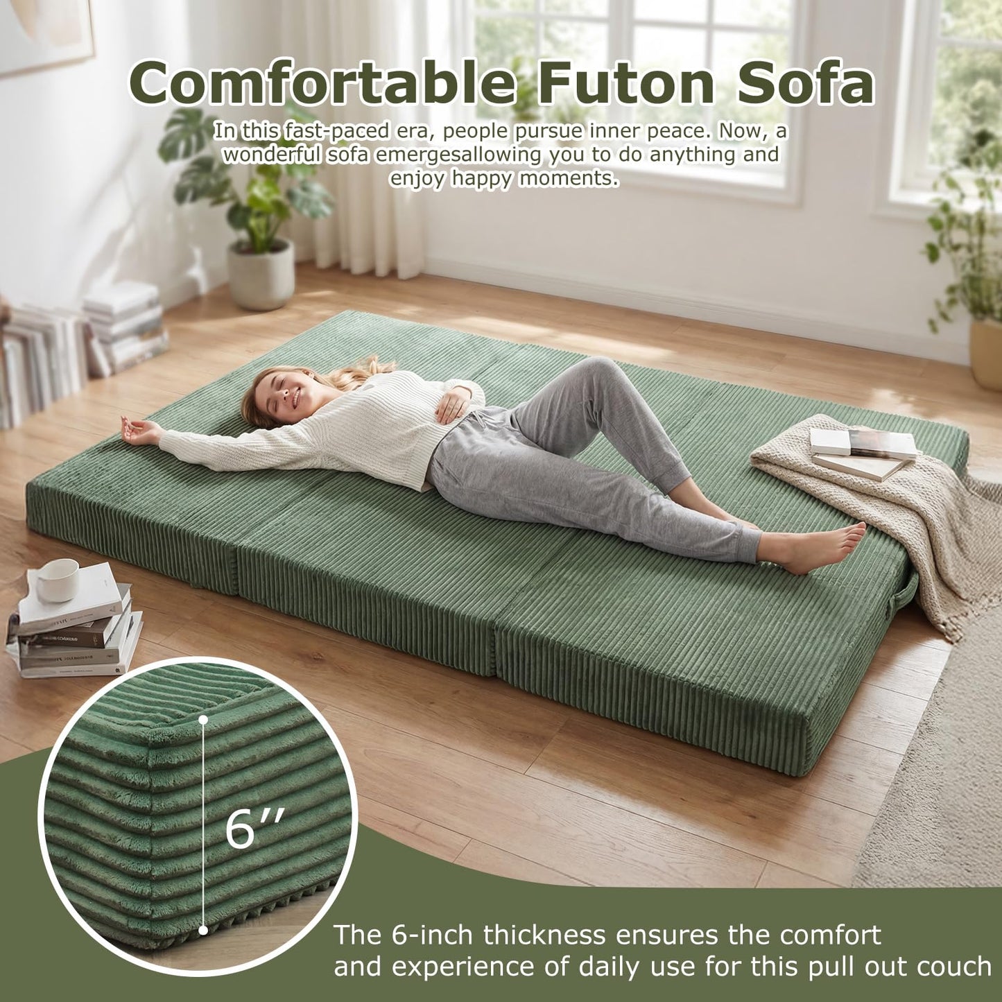 NLDD 5-in-1 Convertible Sofa Bed, Boneless Couch Loveseat with Removable Cushions & Washable Cover, Futon Sofa Bed with Handle, Pull Out Couch for Small Spaces, Queen Size, Green