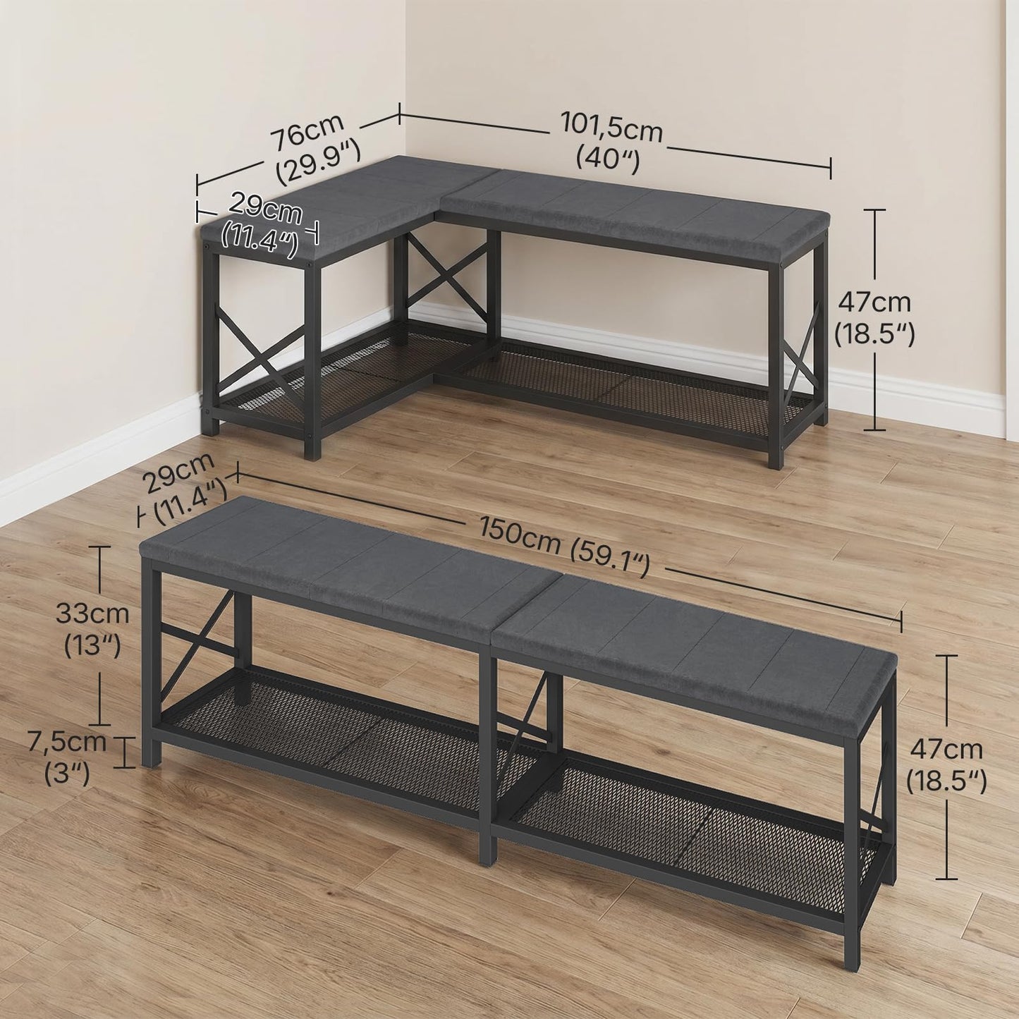 YATINEY L-Shaped Shoe Bench with Cushion, 59.1" Entryway Shoe Storage Bench