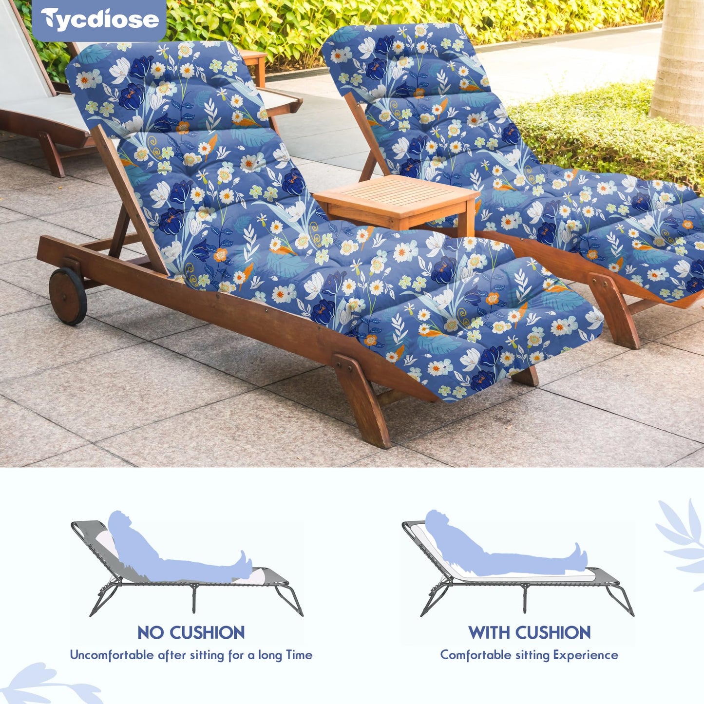 Tycdiose Waterproof Outdoor Chaise Lounge Chair Cushion 74.4 x 22 x 4.7 Inches Memory Foam Lounge Chair Cushions for Outdoor Furniture with Ties, Thickened Pool Lounge Chair Cushion, Blue Floral