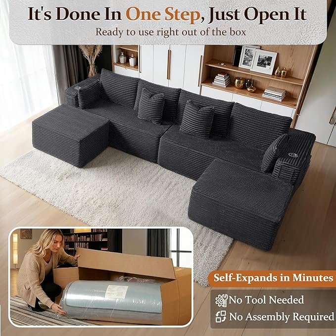 138" Cloud Sectional Couch, Comfort U Shaped Sofa