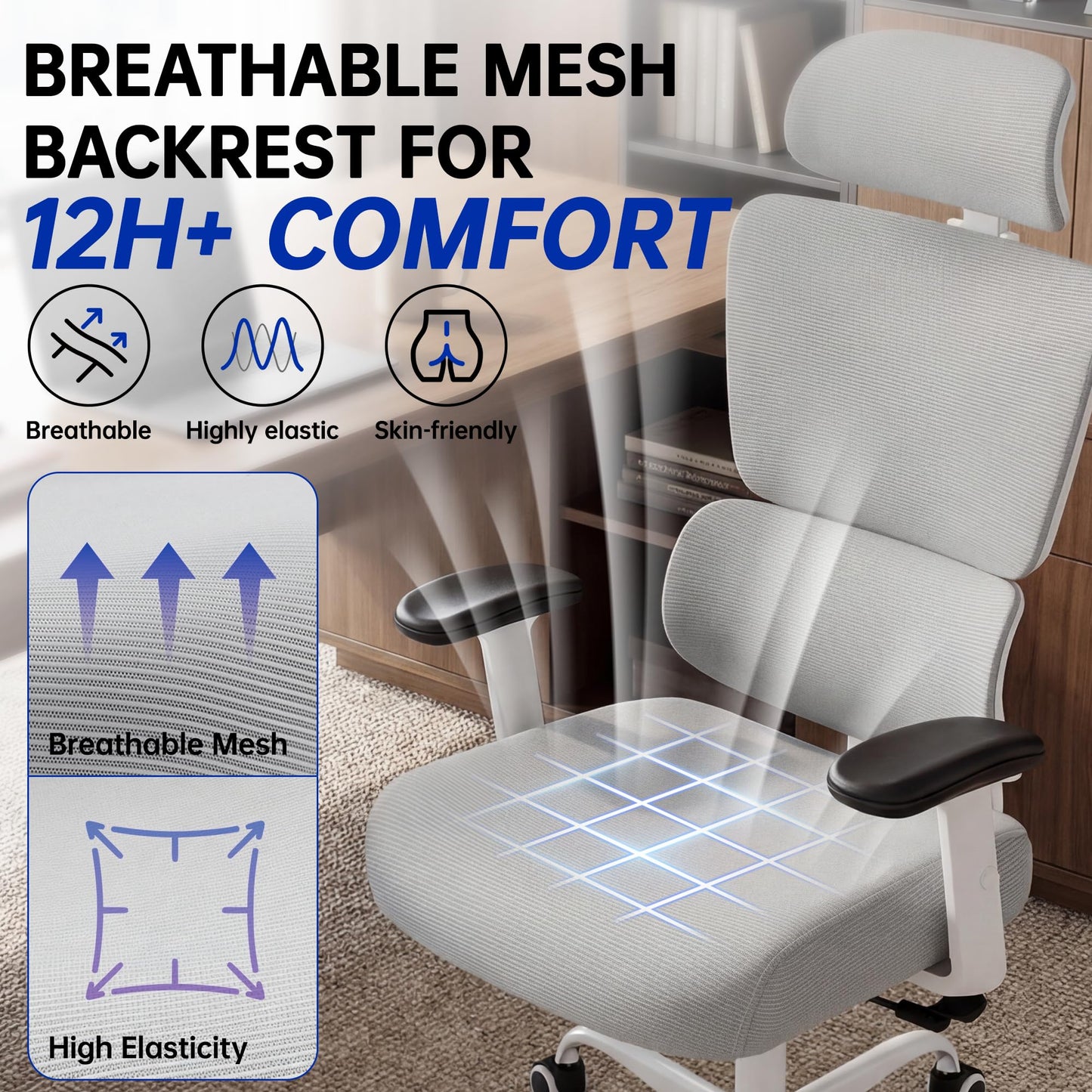 Hayelf Ergonomic Office Chair, High Back Mesh Computer Chair with Comfortable Adaptive Lumbar Support, Built-in Coat Hanger, SGS Class 4 Gas Lift, Heavy Duty 300lbs for Long Hours Home Office