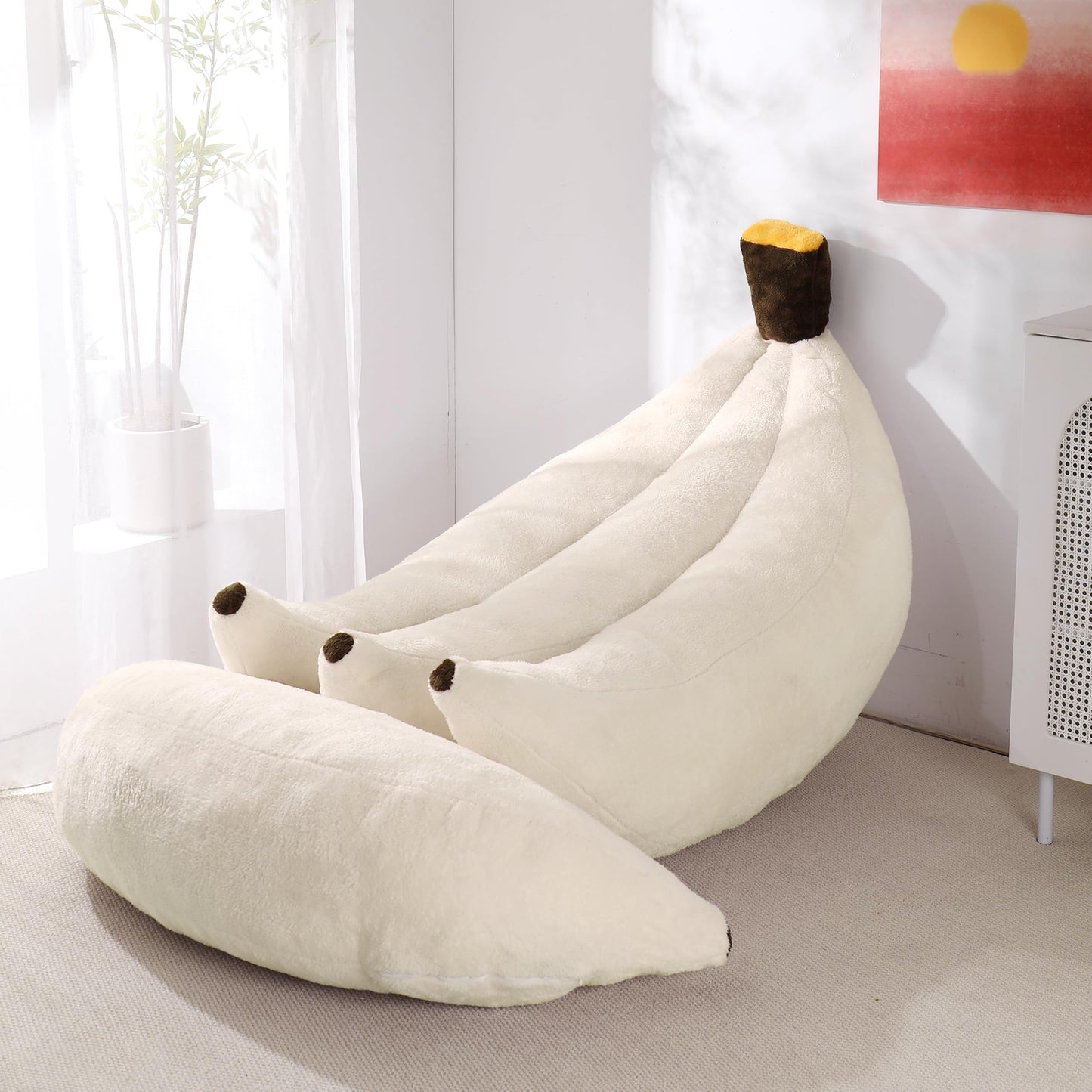 IEVENW Banana Bean Bag Chair with Ottoman, Floor Sofa Bed with Footrest, Comfy Convertible Lounger for Adults, Plush Couch for Bedroom, Living Room or Dorm, L-Cream