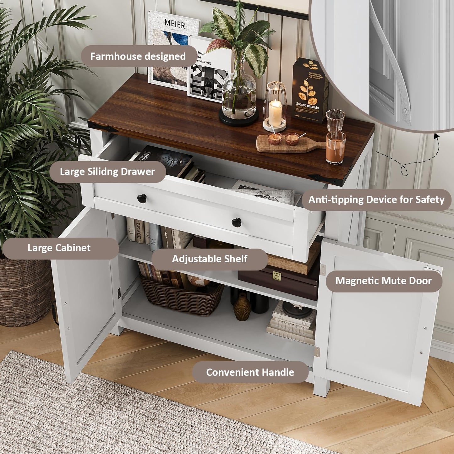 Mino Kesper Farmhouse Storage Cabinet with 2 Doors, White Kitchen Cabinet with Walnut Countertop, Freestanding Floor Storage Cabinets Hutch Cupboard