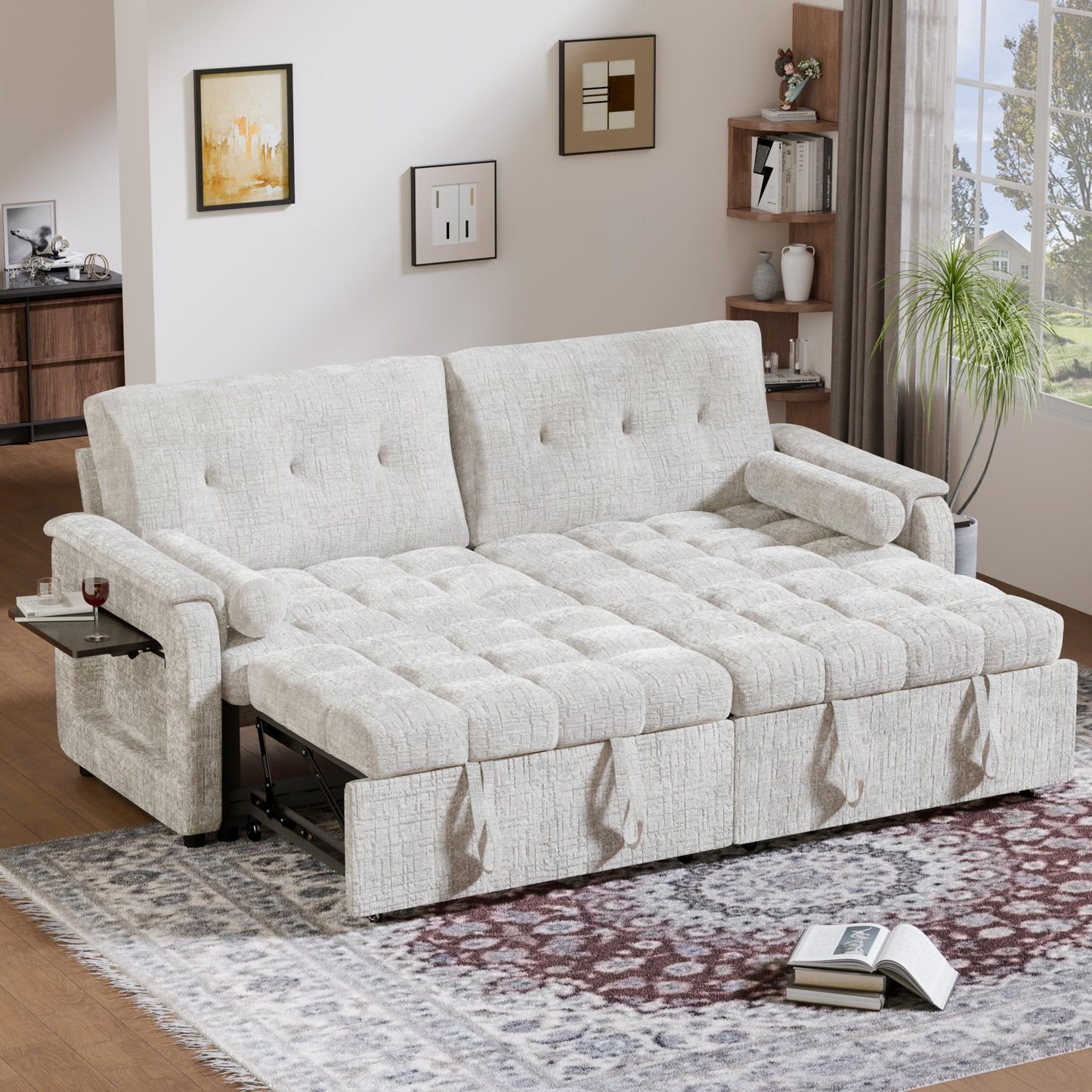 Trygoal Convertible Sleeper Sofa Bed, 86 Inch Chenille Pull Out Couch with Side Table & Adjustable Backrest, Sectional Sleeper Sofa with Pull Out Bed for Living Room, Apartment, Beige