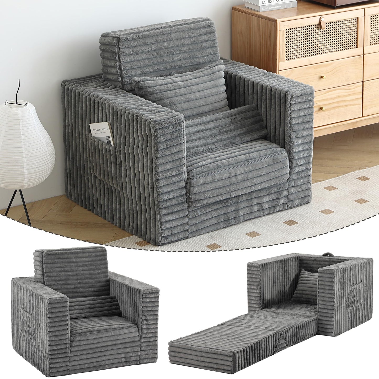 Welnow Folding Sofa Bed, Chair Bed Sleeper for Adults with Triangle Cushion, Boneless Couch with Washable Cover, Fold Out Chair Bed for Living Room Bedroom,Single, Grey