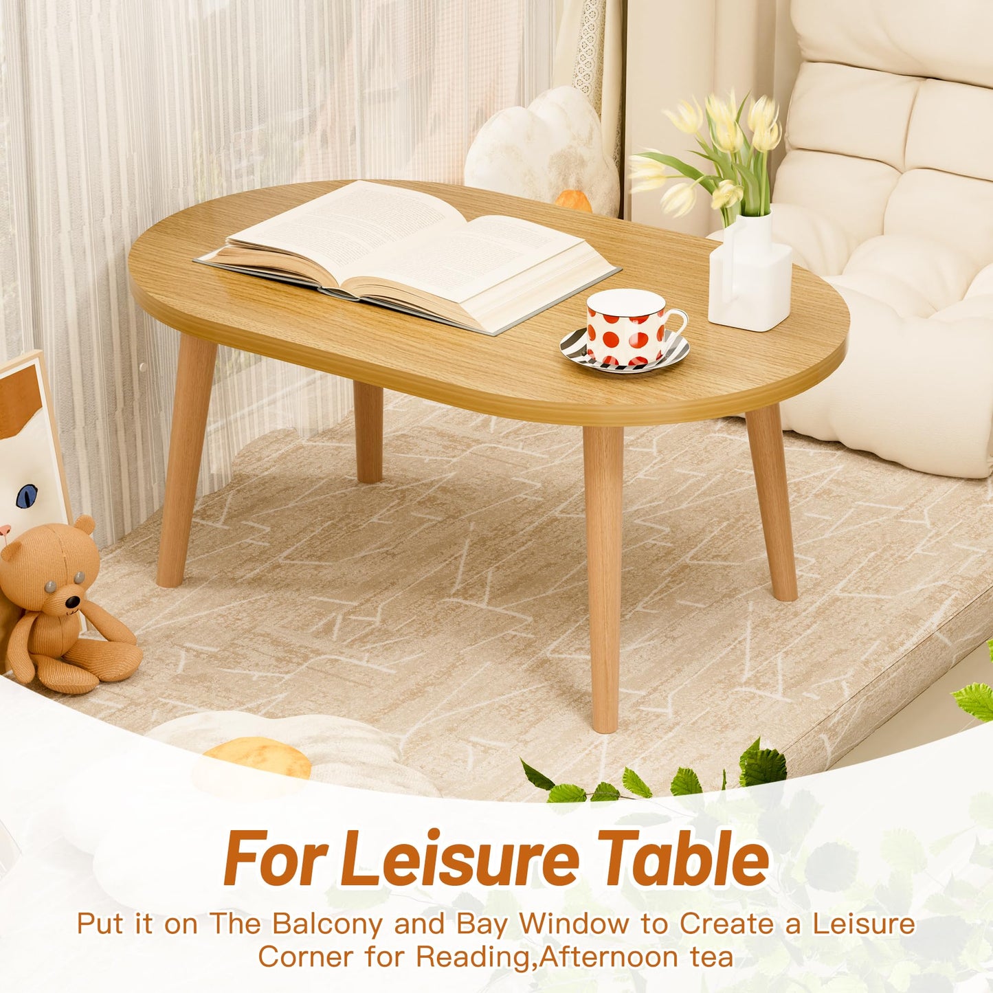 Small Coffee Table, Low Table with Solid Wood Legs, 23.6" Mini Oval Accent Table Side End Table, Floor Table Desk for Sitting on The Floor, Coffee Tea Table for Living Room, Dorm, Apartment, Natural