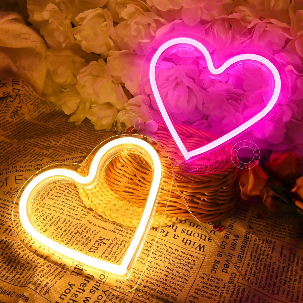 SYLHOME 2 Pack Heart Led Neon Light Sign Battery Operated or USB Powered Bedroom Wedding Wall Sign Decor Birthday Christmas Gifts USB 7.87" X 7.28" Pink & Warm White