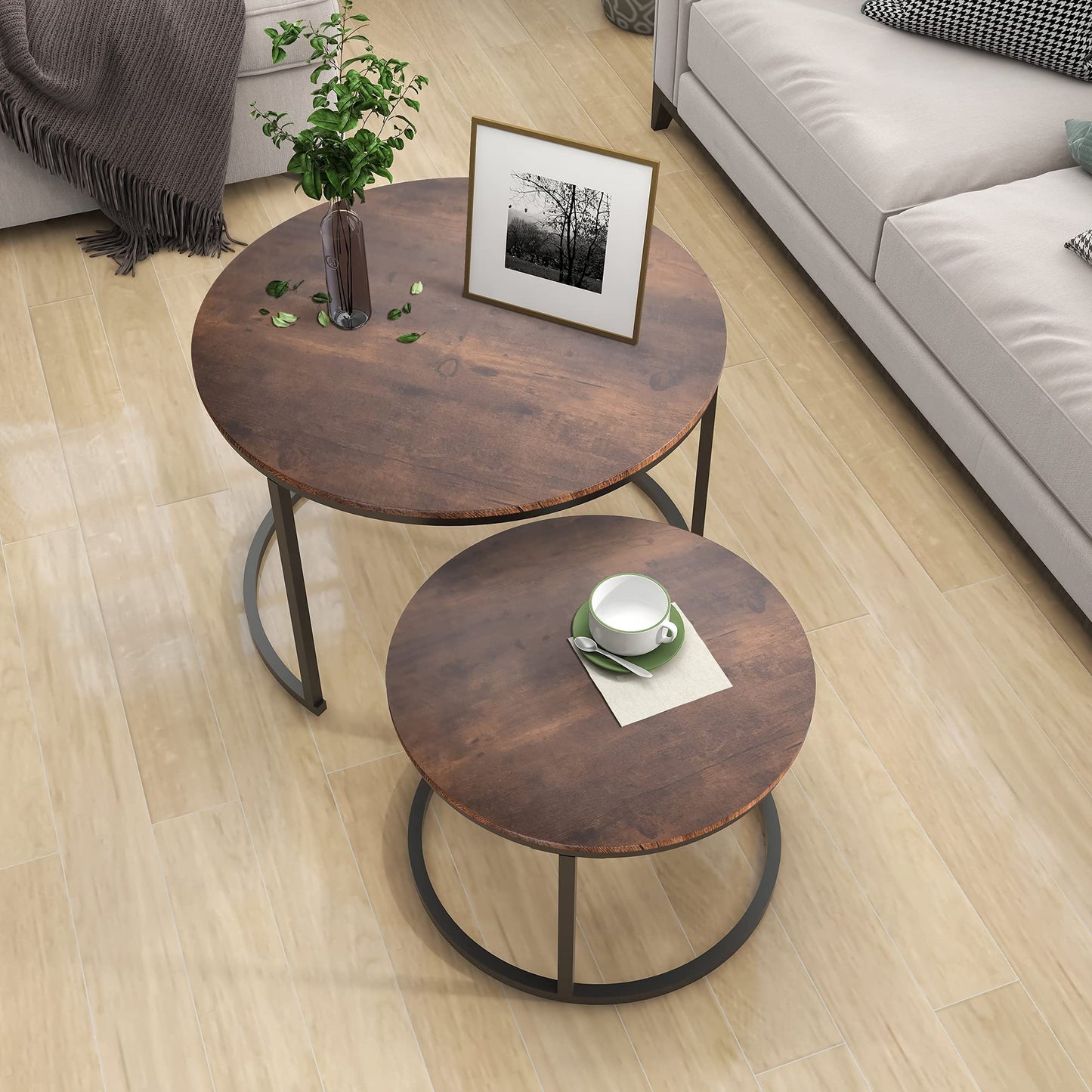 HOJINLINERO Round Coffee Table,Nesting Coffee Table Set of 2,Center Tables for Living Room,Office, Home Small Space,Stacking Side Tables,Sturdy and Easy Assembly,Wood Desktop,Brown,Large