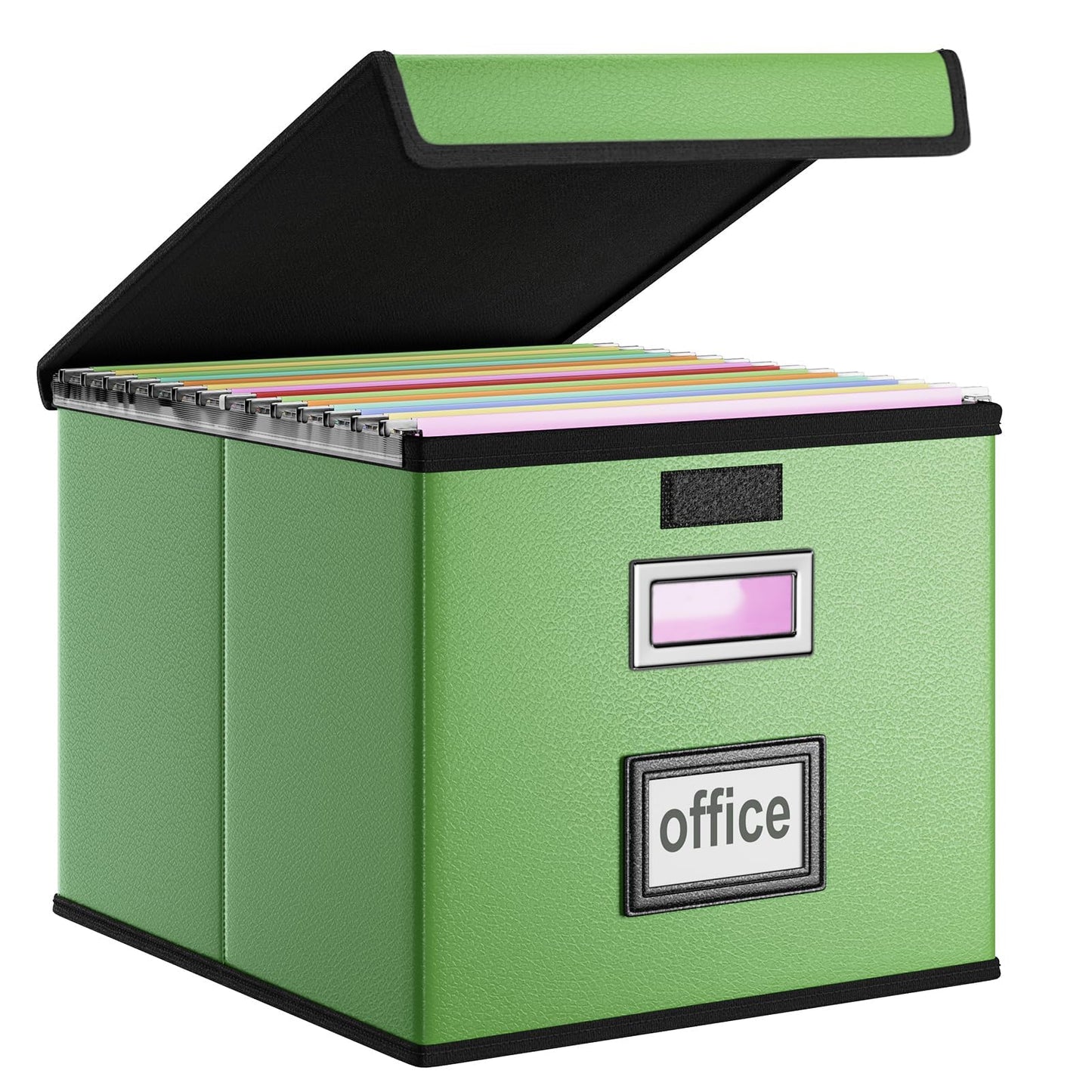 Huolewa File Organizer Box with Lid, Collapsible Faux Leather Document Organizer, Hanging File Folder Box with Plastic Slide, Decorative Filing Boxes Cabinet for File and Folders Storage(Green)