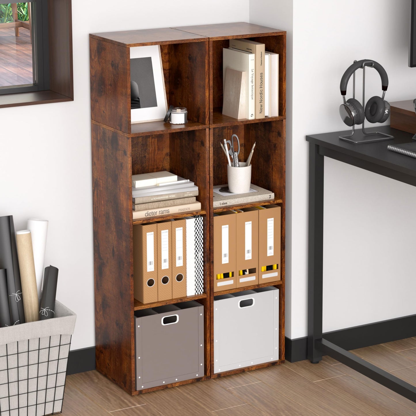 NewBeth Cube Storage Organizer, 4 Cube Retro Bookshelf, Freestanding 4 Tier Open Shelf, Rustic Brown Retro Shelves for Home Office, Bedroom, Living Room, Study