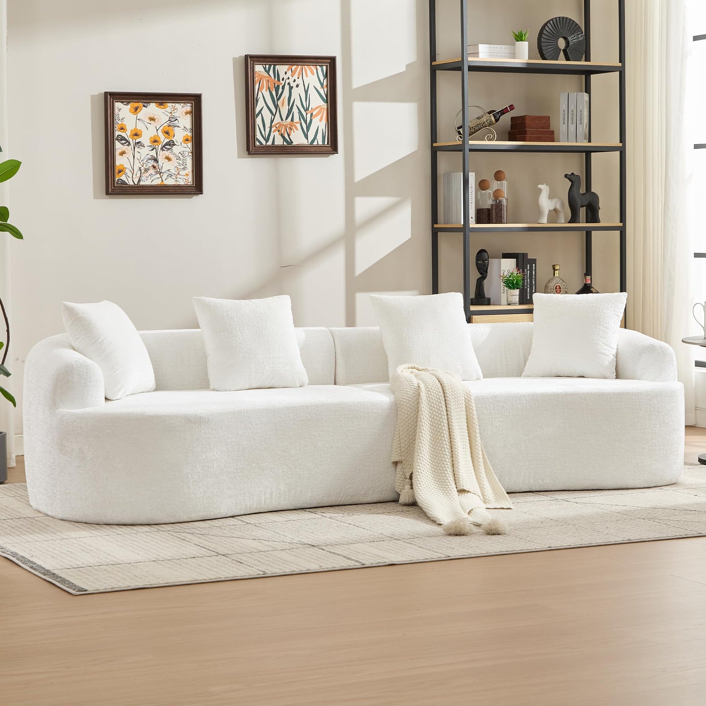 Sectional Sofa, Curved Cloud Sofa Couch, Chenille Full Sponge Chaise for Living Room, Apartment (Beige, 110 Inch)