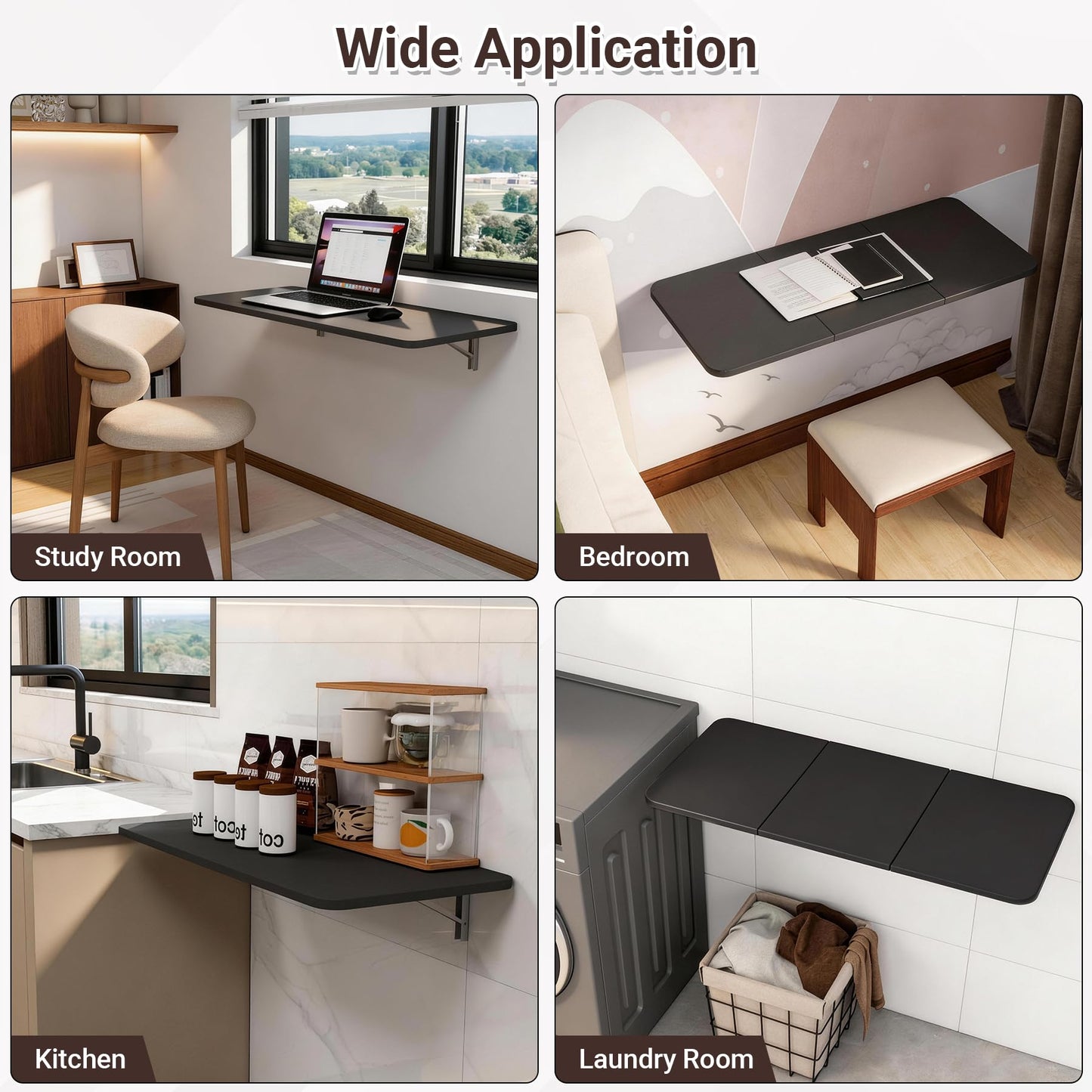 Neoaider Wall Mounted Folding Desk 35.4” x 15.7”, Drop Down Table with Metal Collapsible Brackets, Folding Wall Table for Small Spaces, Home, Office, Kitchen, Laundry Room-Black