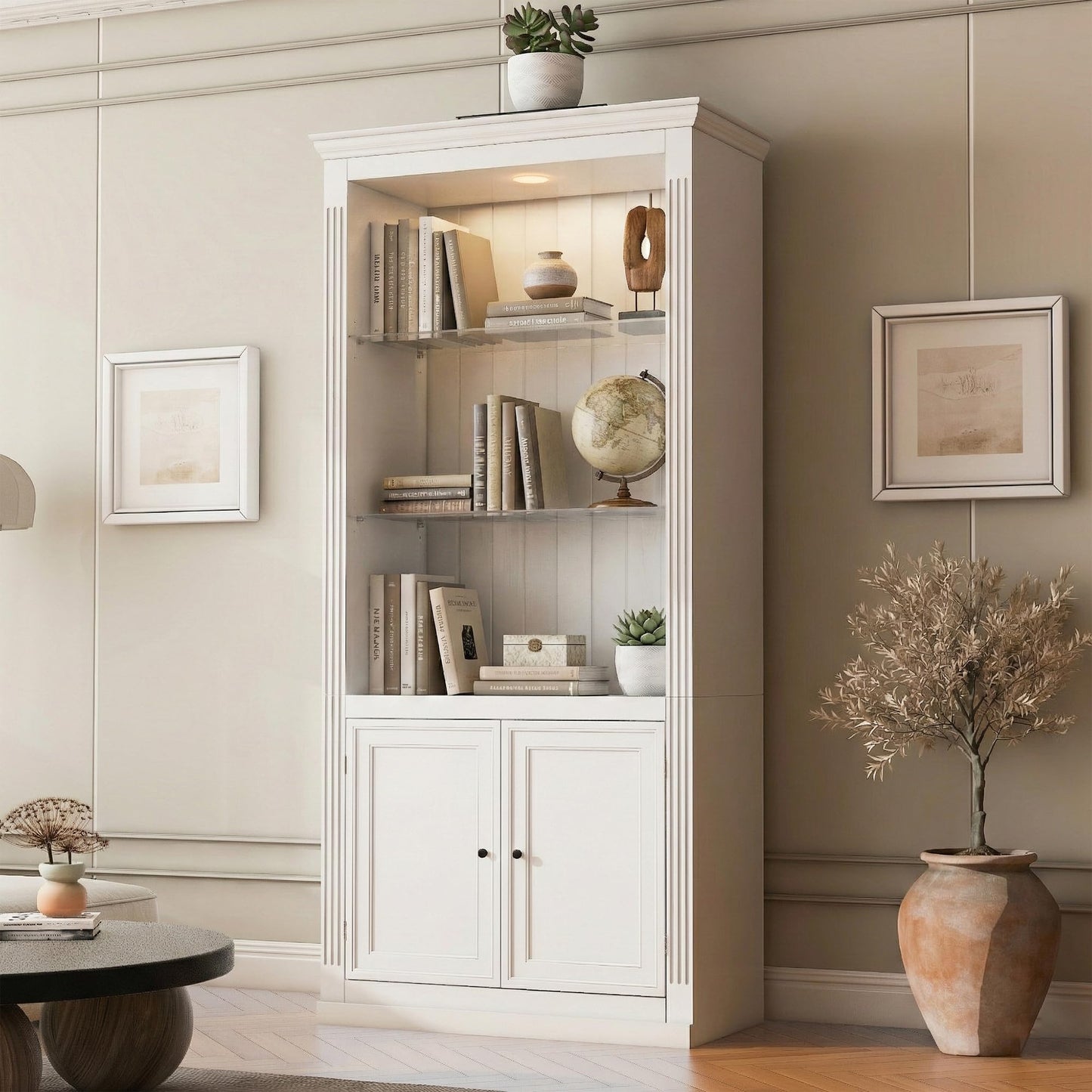 Merax White Narrow Bookshelf 35" Wide 79" MDF Tall Bookcase Collection Books Storage Cabinet with Adjustable 5 Colors Ceiling Light for Living Room, Home Office, Studio