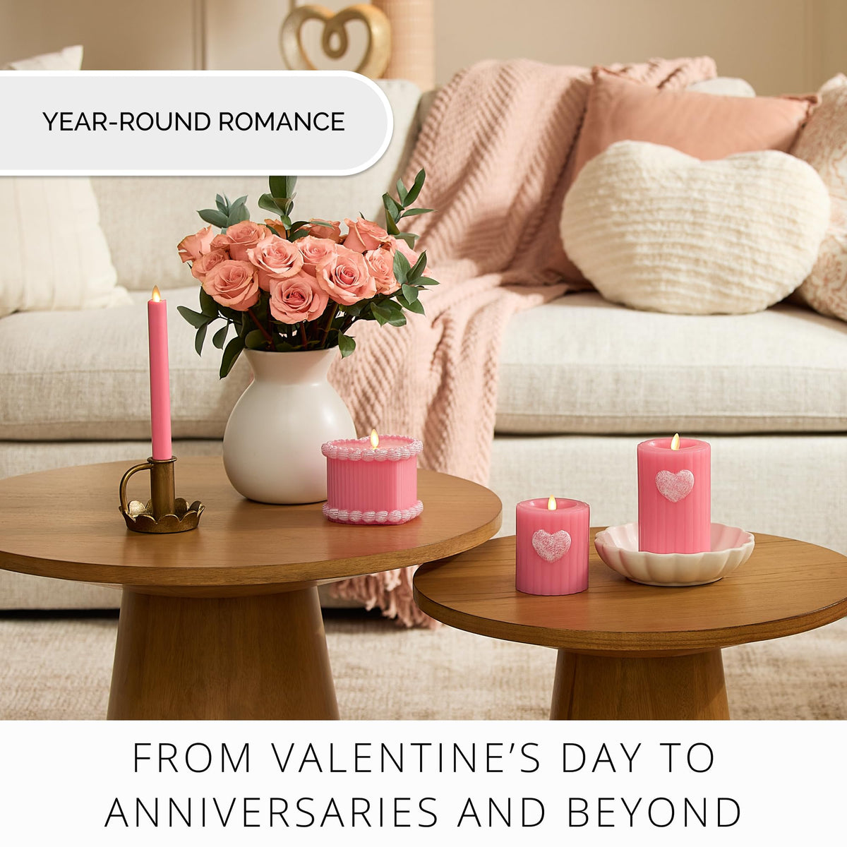 Luminara Flickering Flameless 3.7" x 4.5" Pillar Candle, Battery Operated Remote Ready (Sold Separately) & Timer Function, LED Light, Ribbed Real Pink Wax w/Embossed Heart Design for Valentine's Day