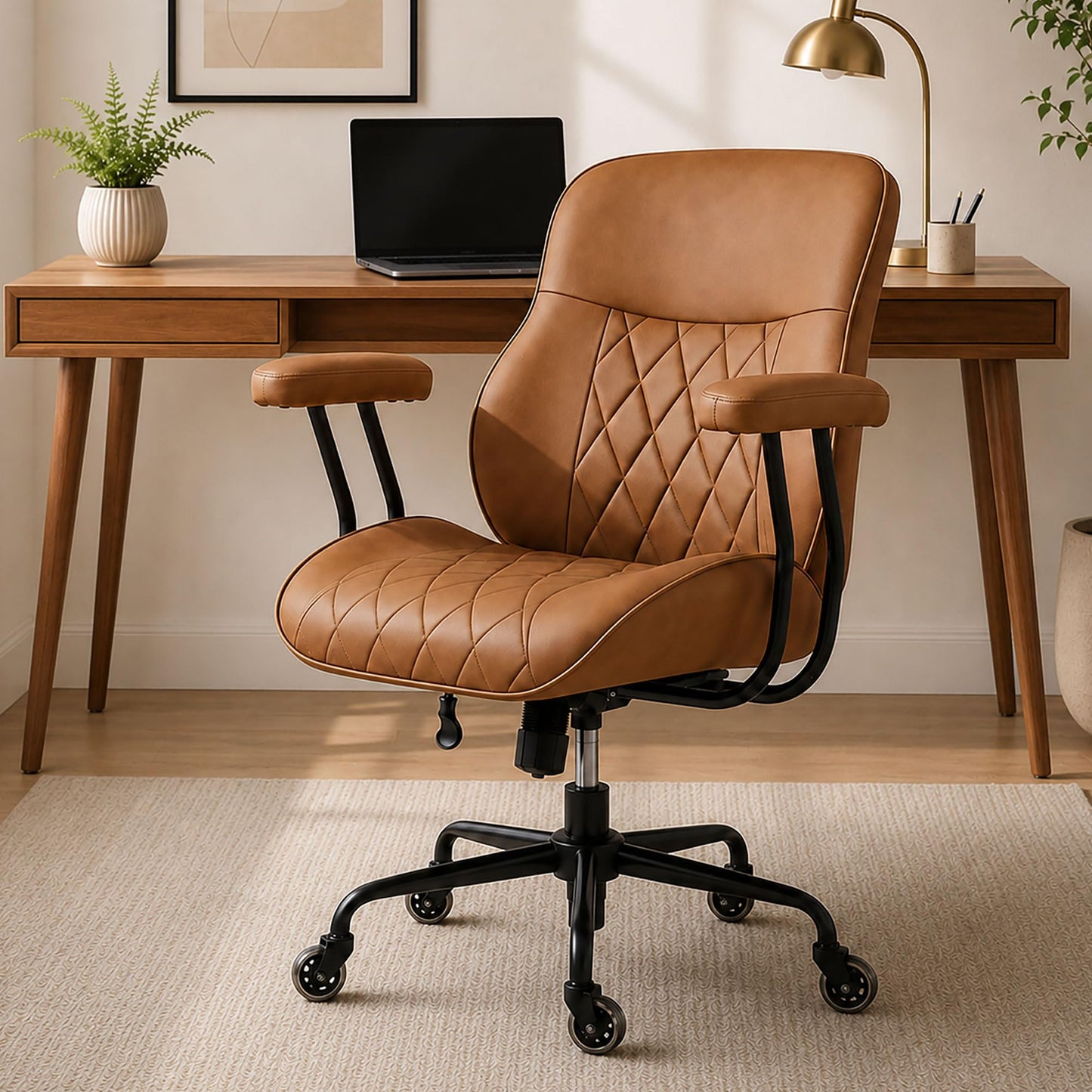 BEWISHOME Brown Leather Office Chair – Features Rubber Wheels