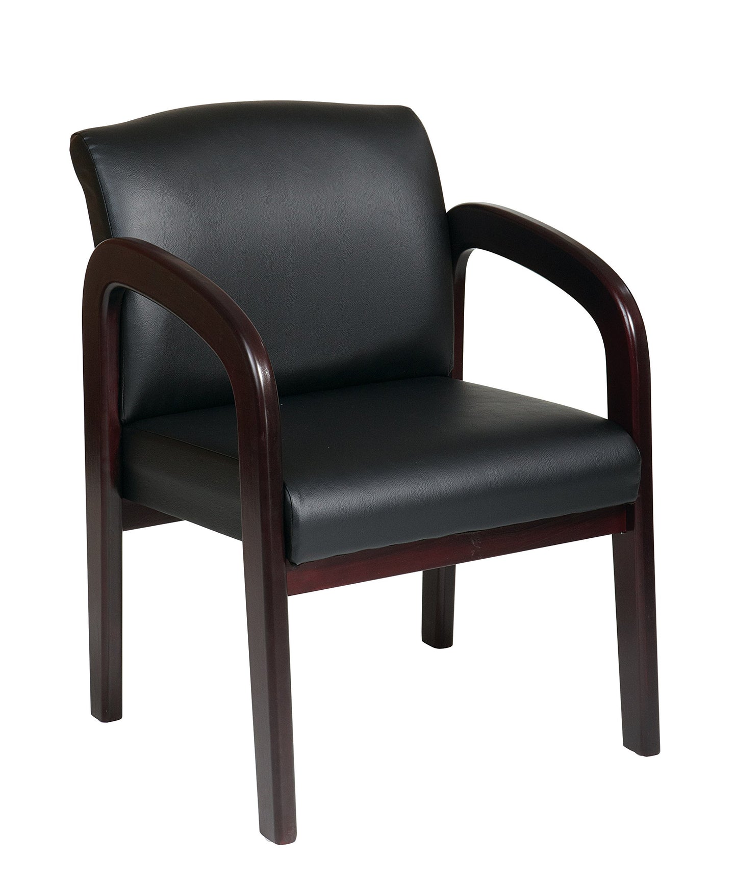 WorkSmart Office Star WD383-U6 Visitors Chair with Mahogany Finish Base and Arms, Black Faux Leather