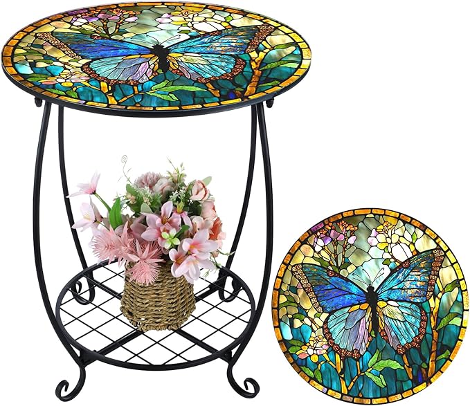 Cinnvoice Outdoor Side Table Round Small Mosaic Patio Accent Indoor End Plant