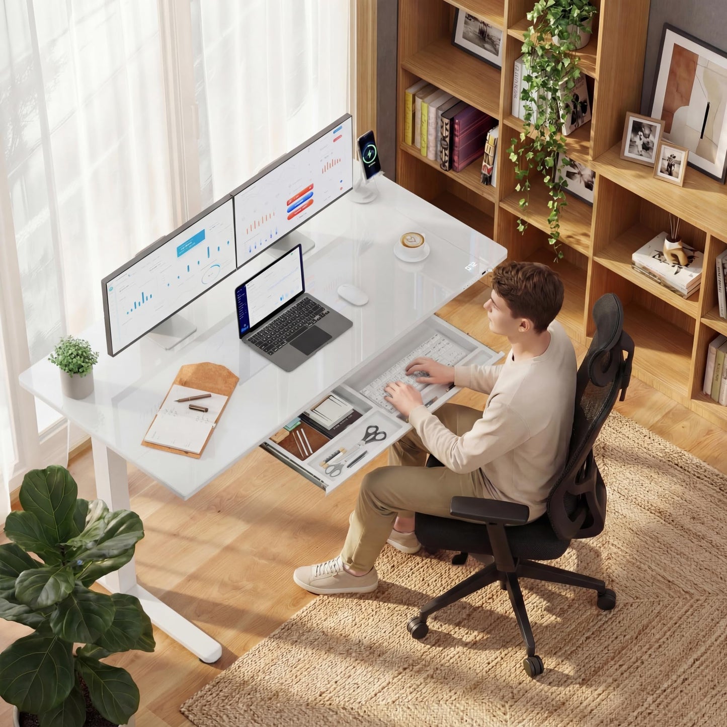 Furmax Glass Standing Desk with Drawers, Electric Adjustable Home Office Sit Stand Desk with One-Piece Desktop & USB Charging Port for Computer Desks