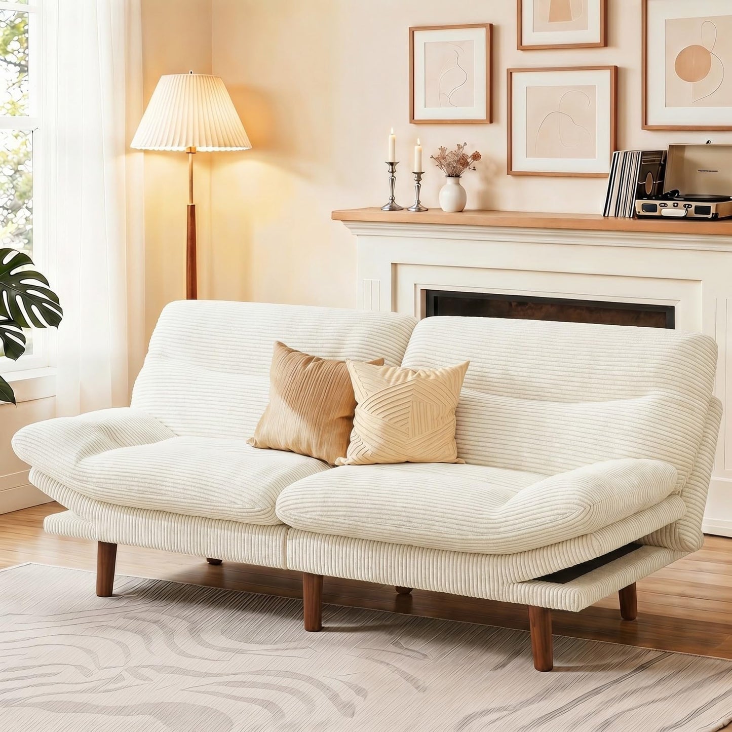 Marsail 66" Futon Sofa Bed, Convertible Corduroy Futon Couch with Adjustable Backrest & Armrests, Small Sleeper Sofa Loveseat for Living Room, Apartment, Office, White
