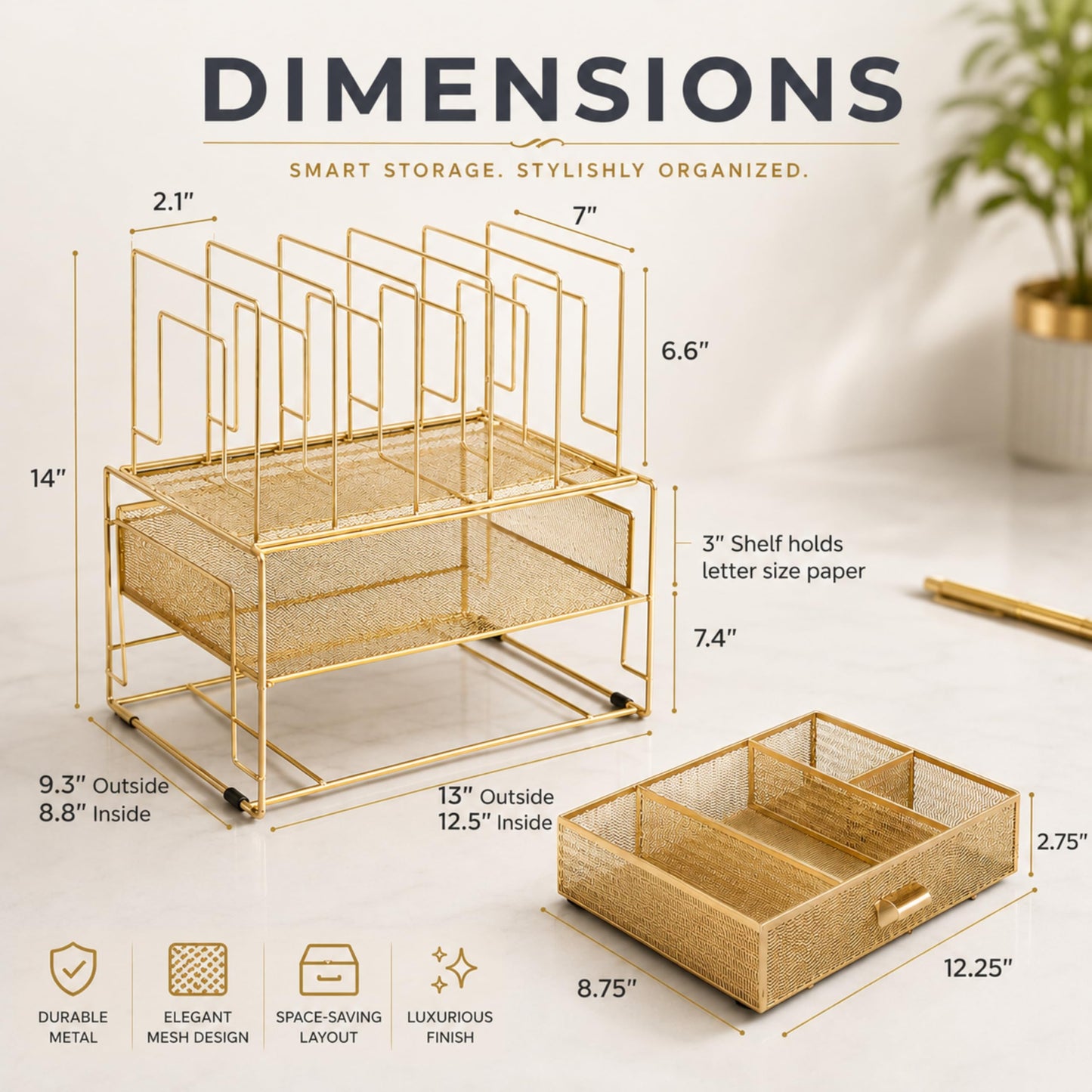 BLU MONACO | Gold Desk Organizer With Drawer | Metal Mesh File Holder & Vertical File Organizer | Desktop Storage for Office Supplies, Papers & Folders | 9.3" D x 13" W x 14" H