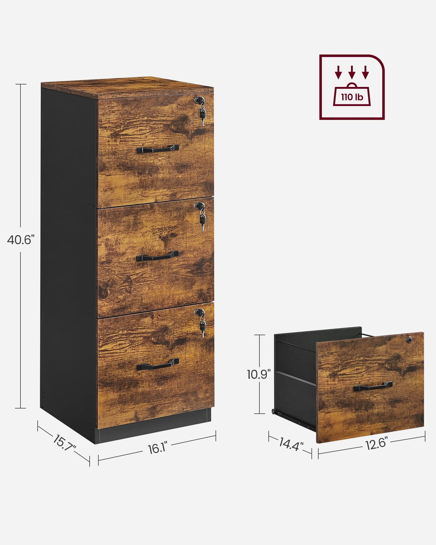 VASAGLE Custos Collection File Cabinet, 3 Drawer Filing Cabinet for Home Office, with Wheels, for A4, Letter Sized Documents, Hanging File Folders, Rustic Brown UOFC055KD01