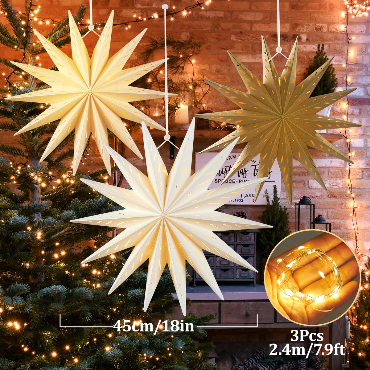 SUNBEAUTY 14-Pointed 18 Inch Hollow Out Paper Star Lanterns Brown White Christmas Lanterns Hanging Lamp Paper Decorations Shade Wedding Birthday Christmas Home Party Decorations