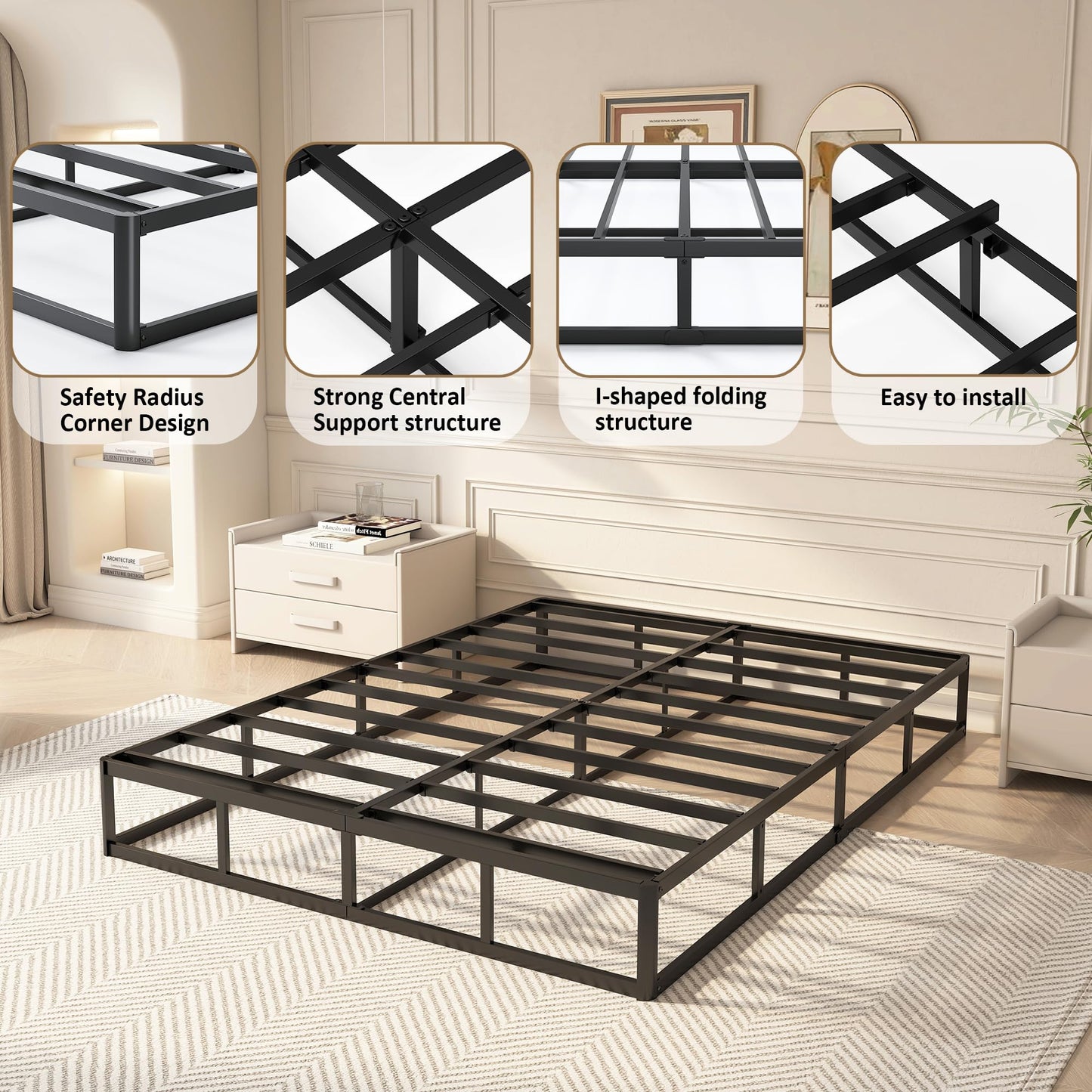 YORMDMO Metal Box Spring with Upholstered Fabric Cover, 9 Inch High Profile Heavy Duty Box Springs, Black Bed Base Non Slip Mattress Foundation, Full Size